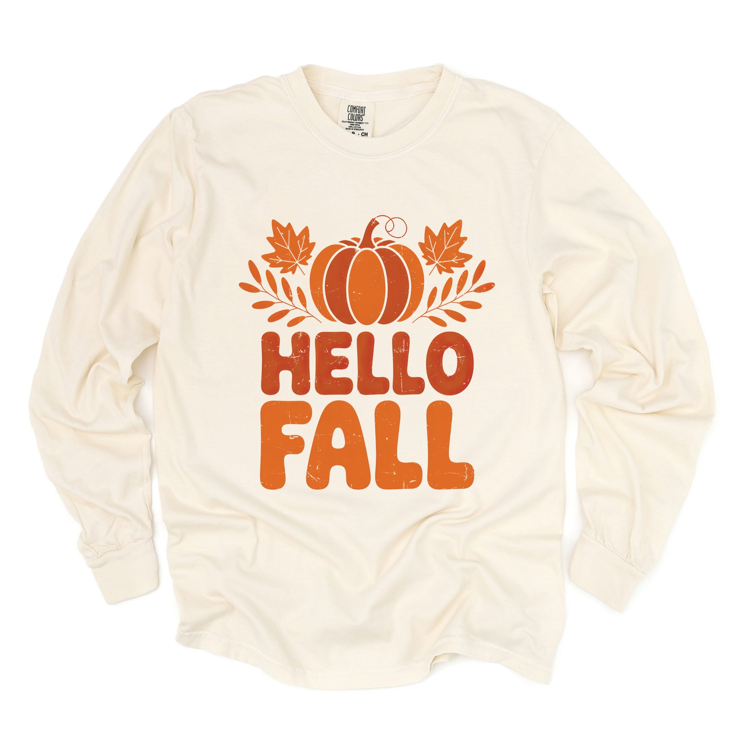 Hello Fall Pumpkin Distressed - Garment Dyed Long Sleeve