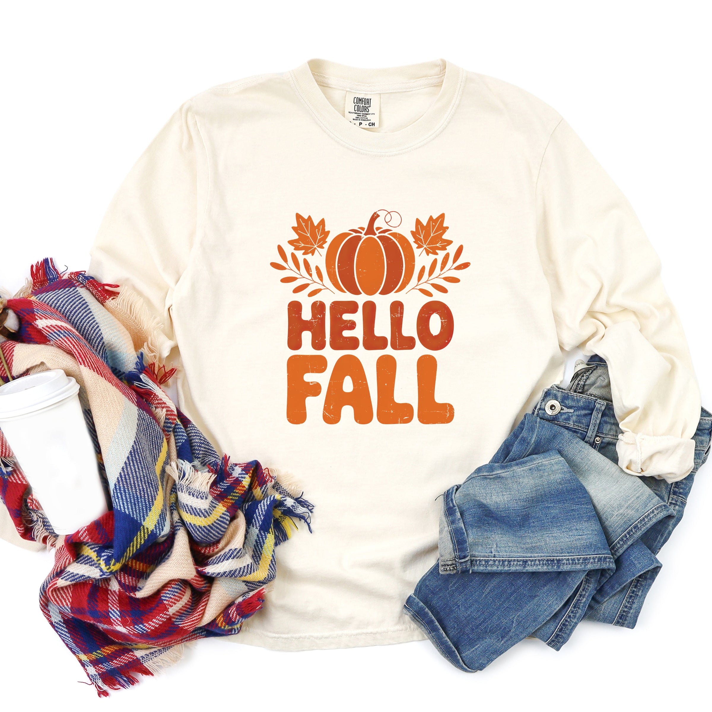 Hello Fall Pumpkin Distressed - Garment Dyed Long Sleeve