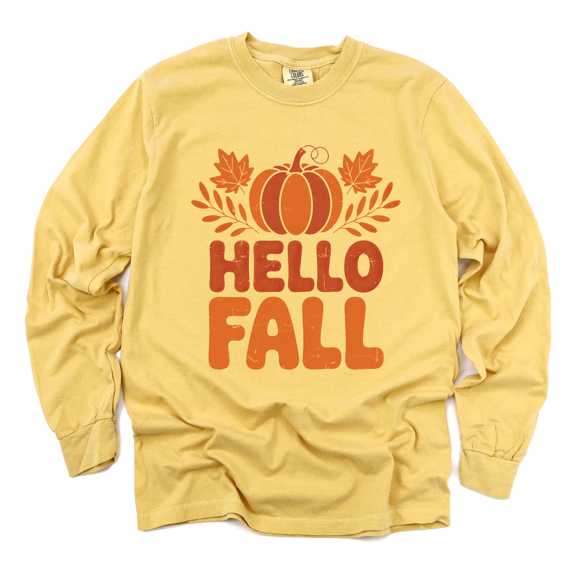 Hello Fall Pumpkin Distressed - Garment Dyed Long Sleeve