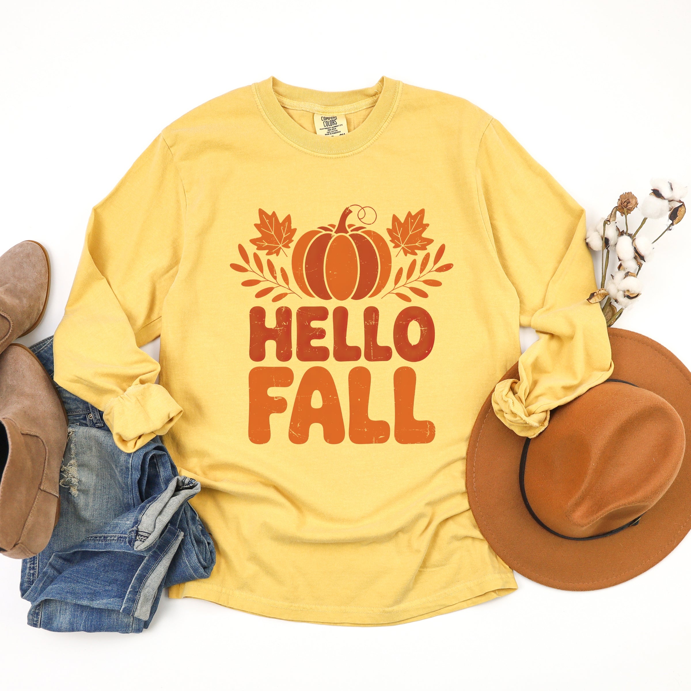 Hello Fall Pumpkin Distressed - Garment Dyed Long Sleeve