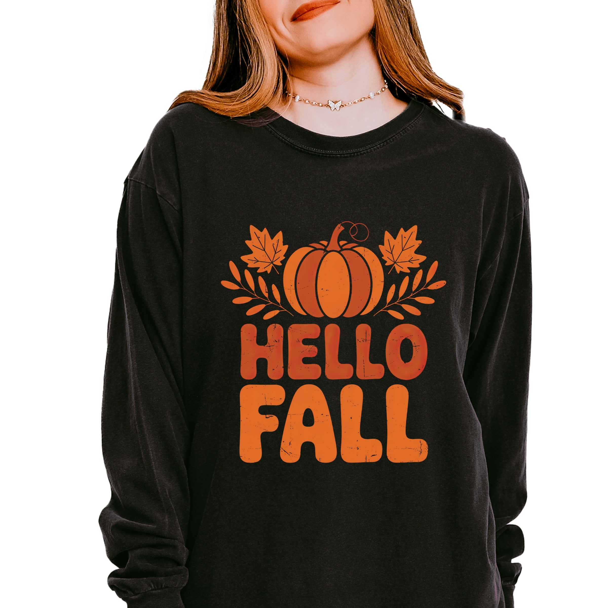 Hello Fall Pumpkin Distressed - Garment Dyed Long Sleeve