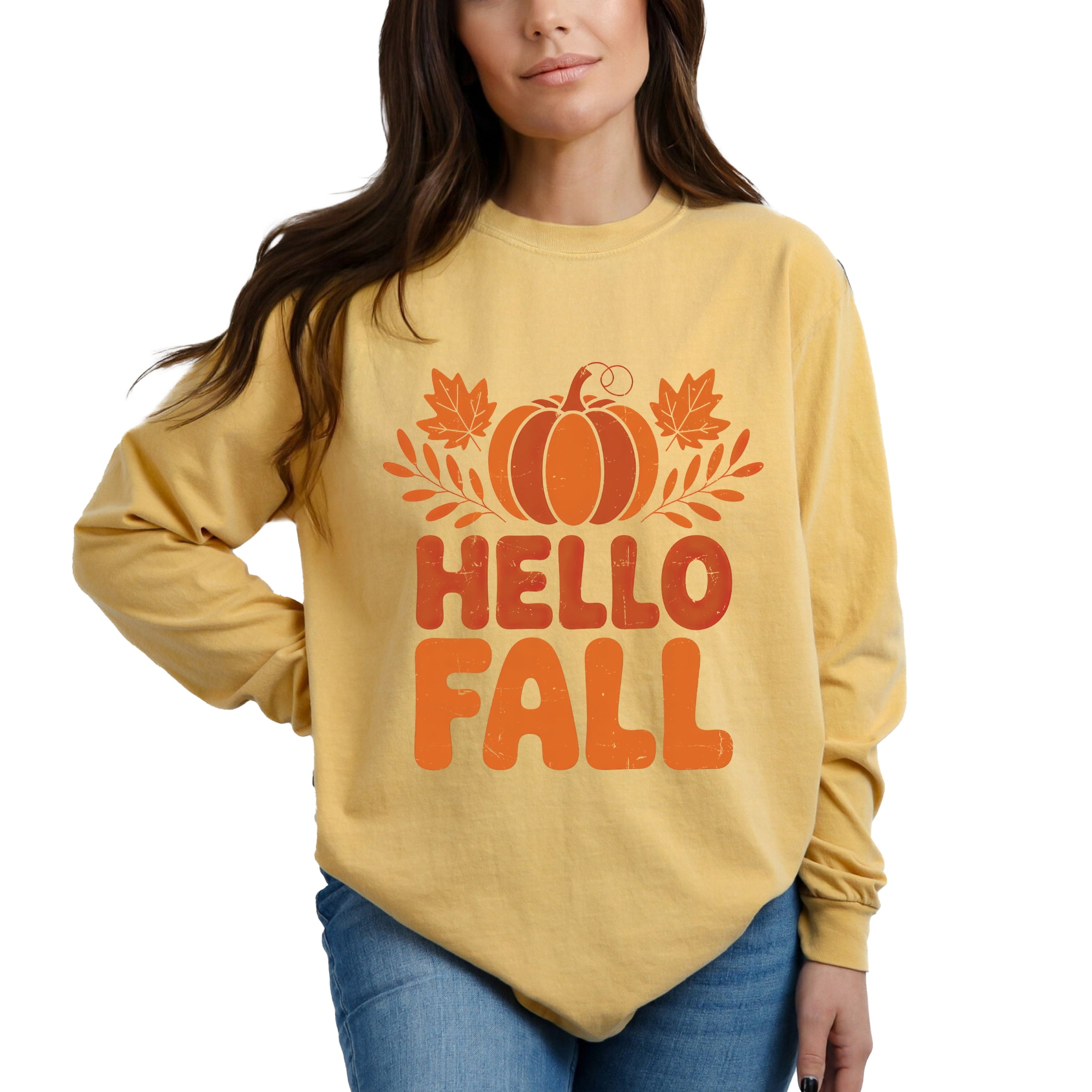 Hello Fall Pumpkin Distressed - Garment Dyed Long Sleeve