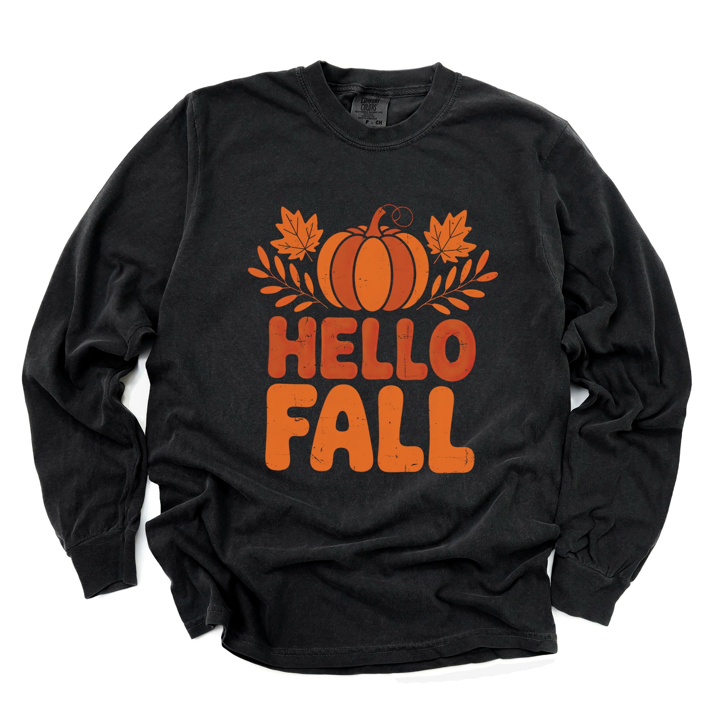 Hello Fall Pumpkin Distressed - Garment Dyed Long Sleeve