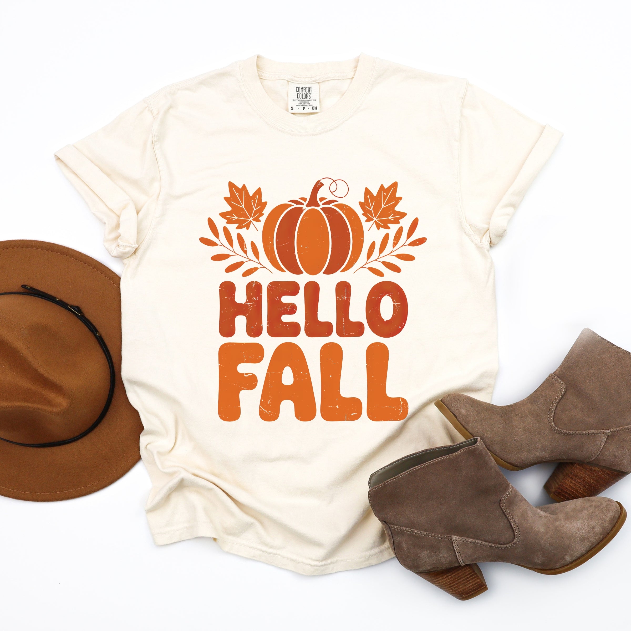 Hello Fall Pumpkin Distressed - Garment Dyed Tee