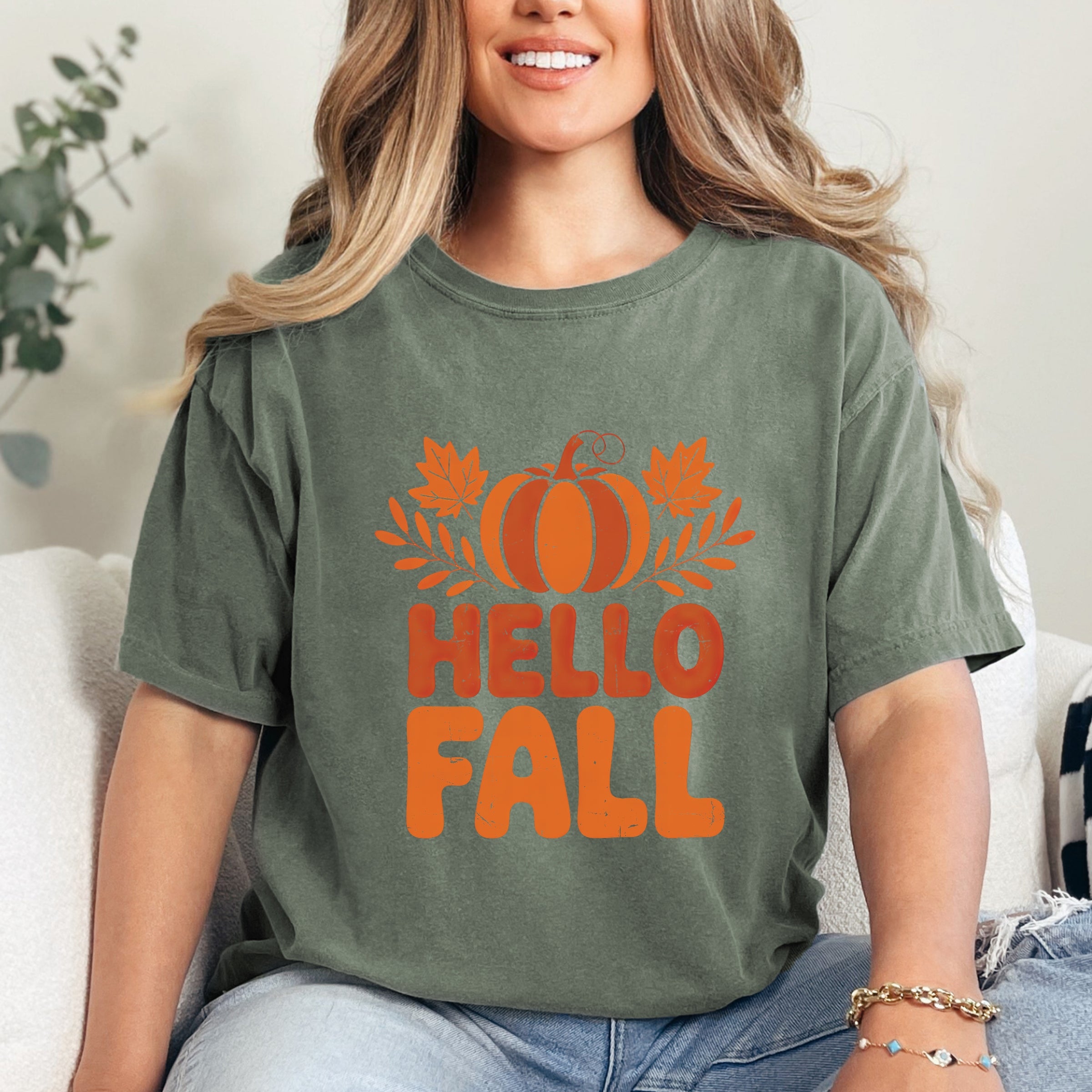 Hello Fall Pumpkin Distressed - Garment Dyed Tee