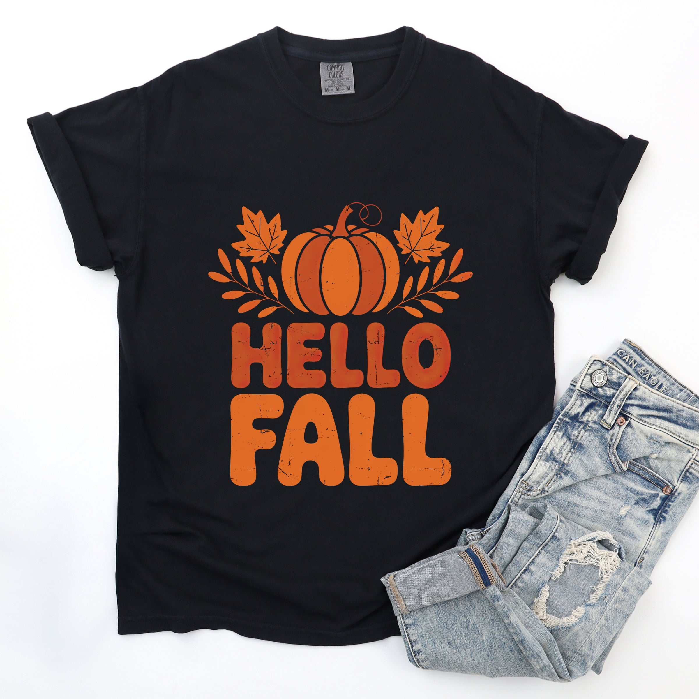 Hello Fall Pumpkin Distressed - Garment Dyed Tee