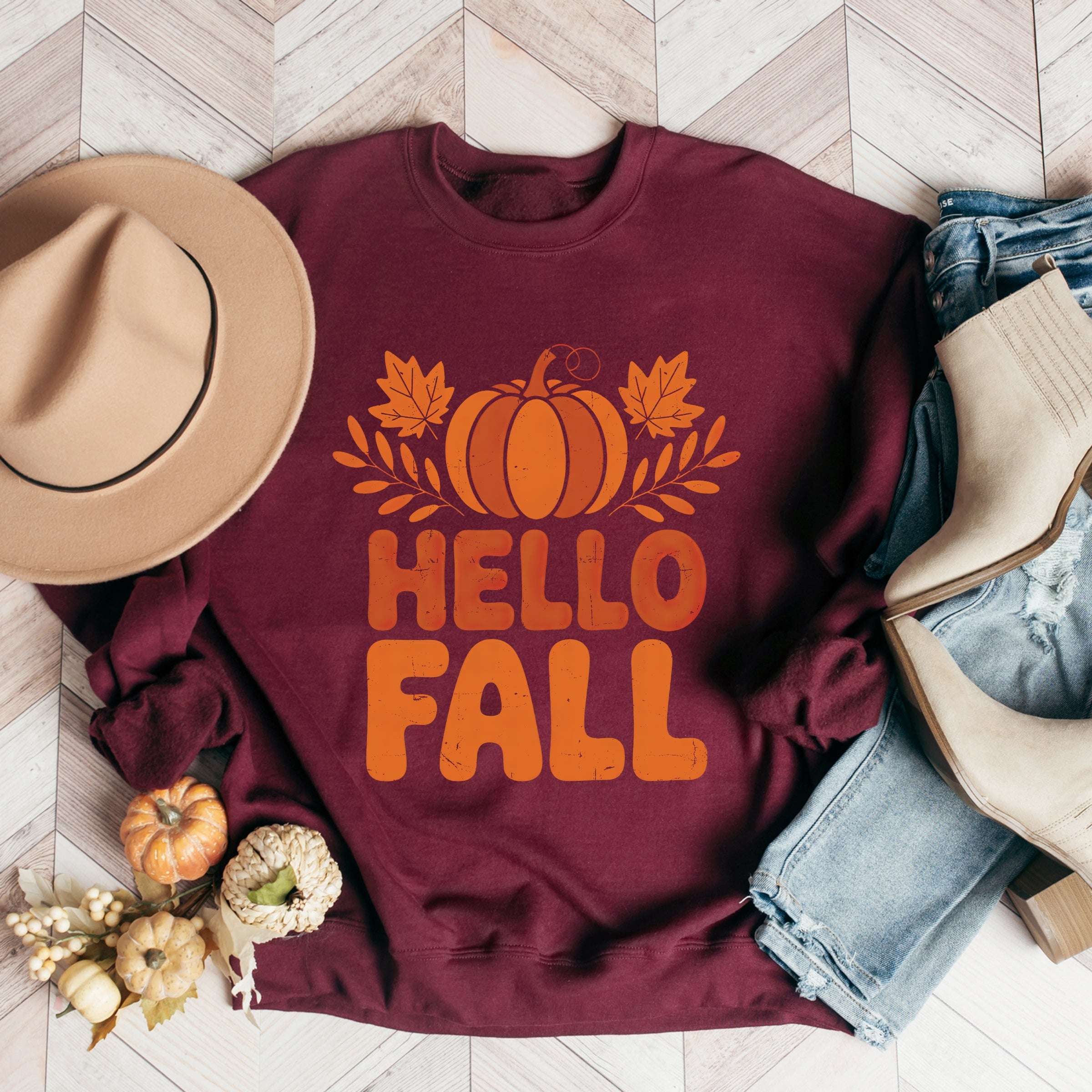 Hello Fall Pumpkin Distressed - Women's Graphic Sweatshirt