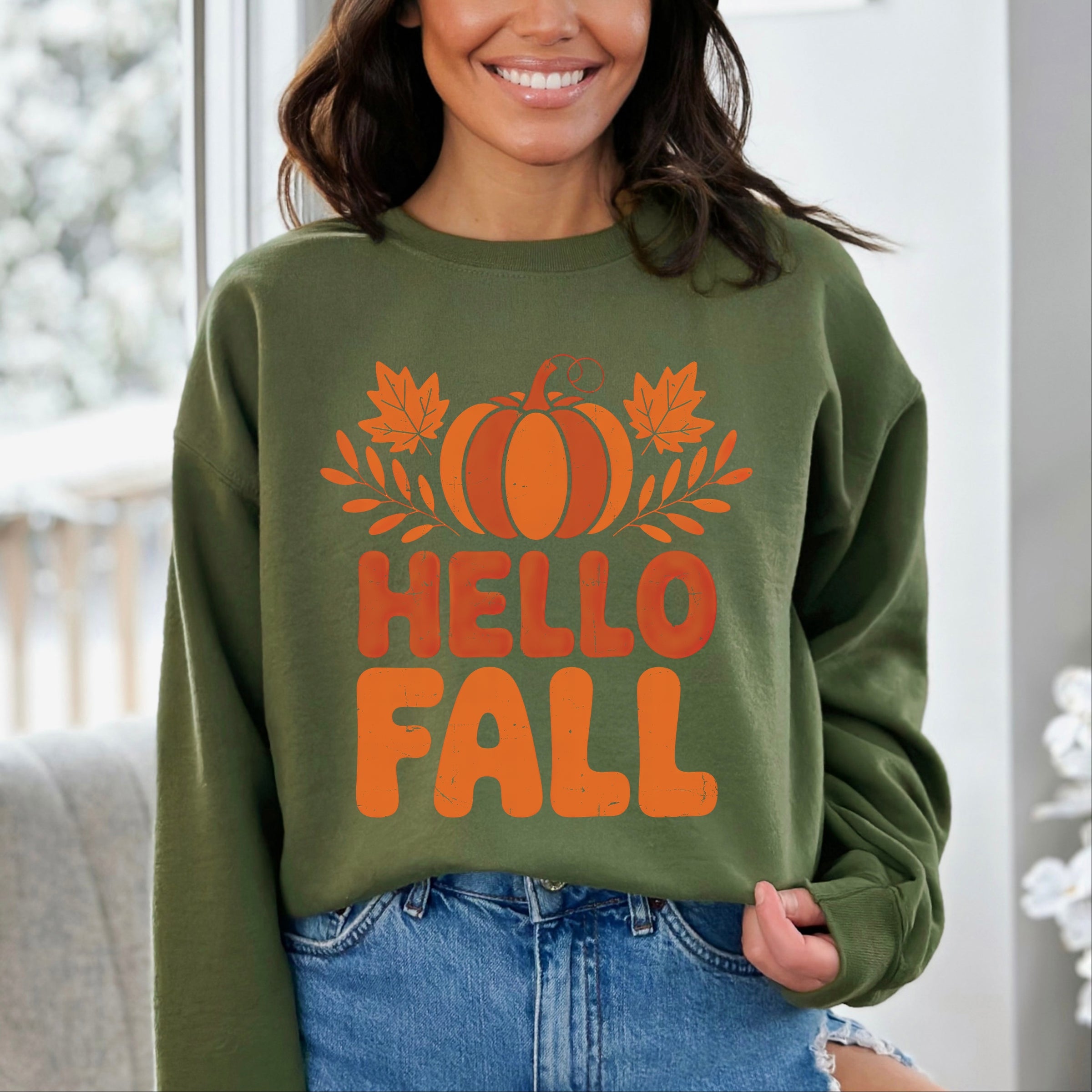 Hello Fall Pumpkin Distressed - Women's Graphic Sweatshirt