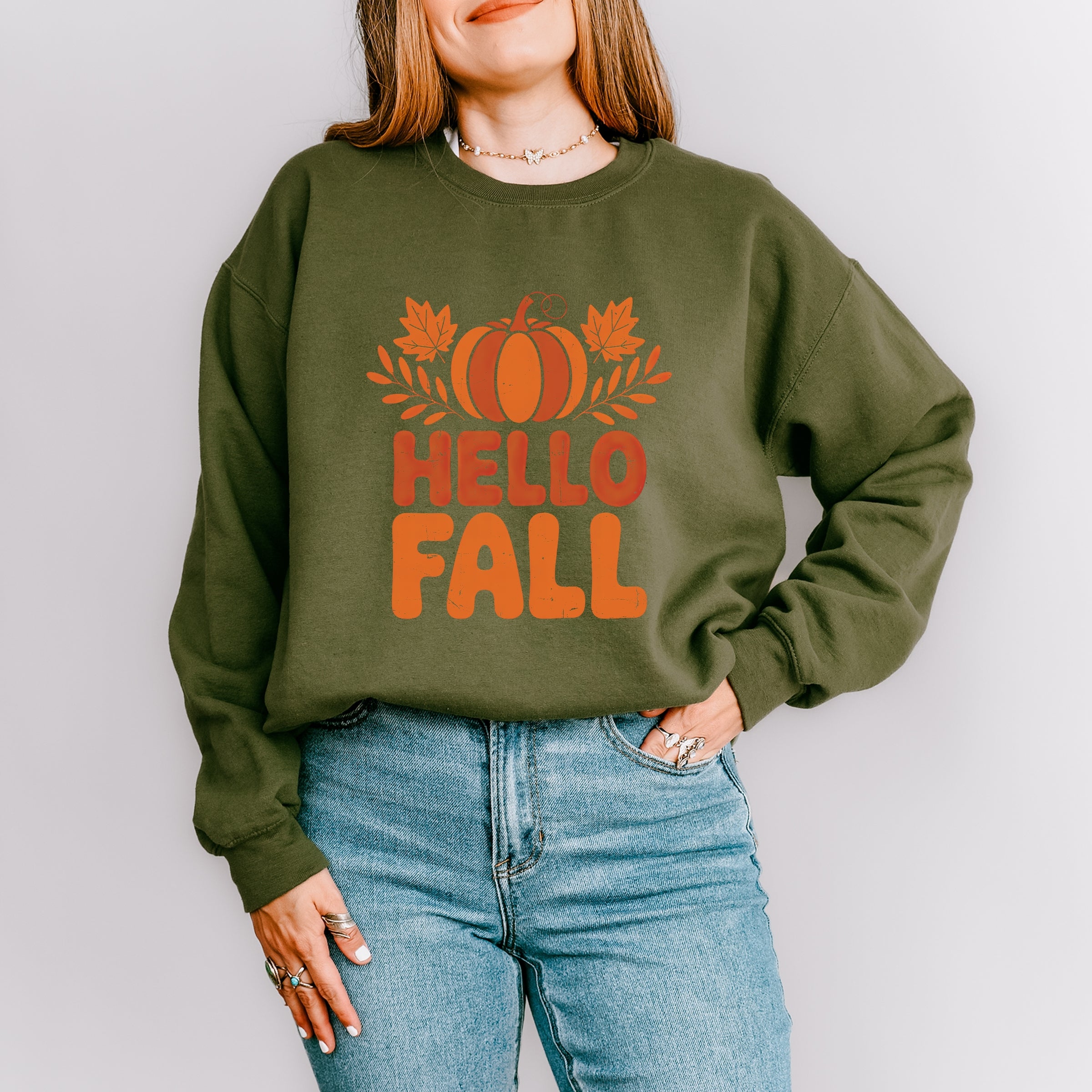 Hello Fall Pumpkin Distressed - Women's Graphic Sweatshirt