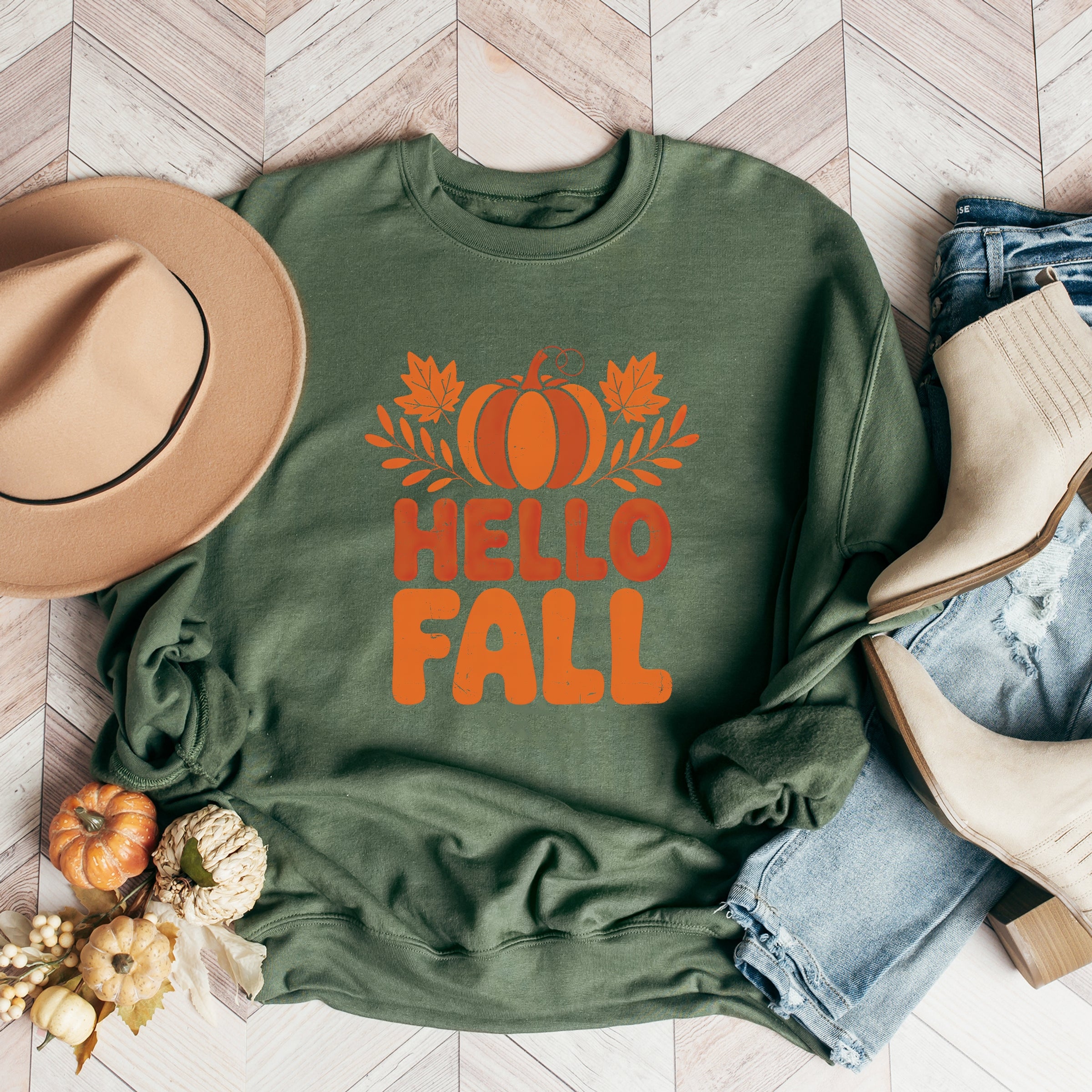 Hello Fall Pumpkin Distressed - Women's Graphic Sweatshirt