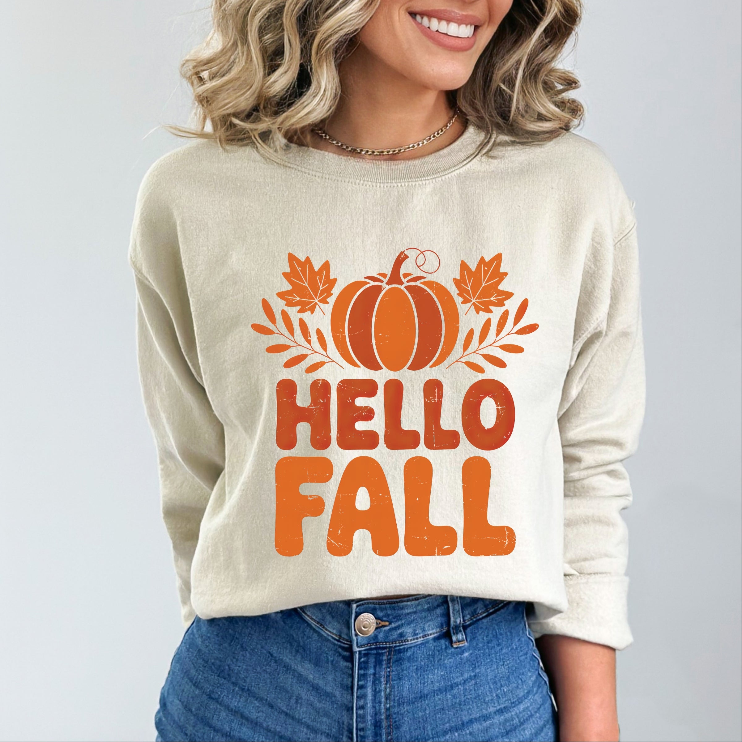 Hello Fall Pumpkin Distressed - Women's Graphic Sweatshirt