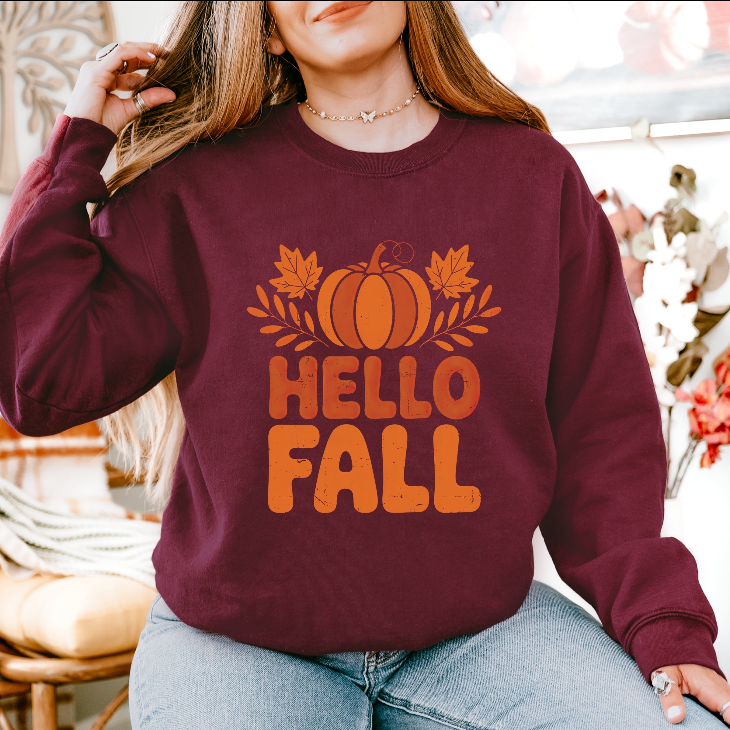 Hello Fall Pumpkin Distressed - Women's Graphic Sweatshirt