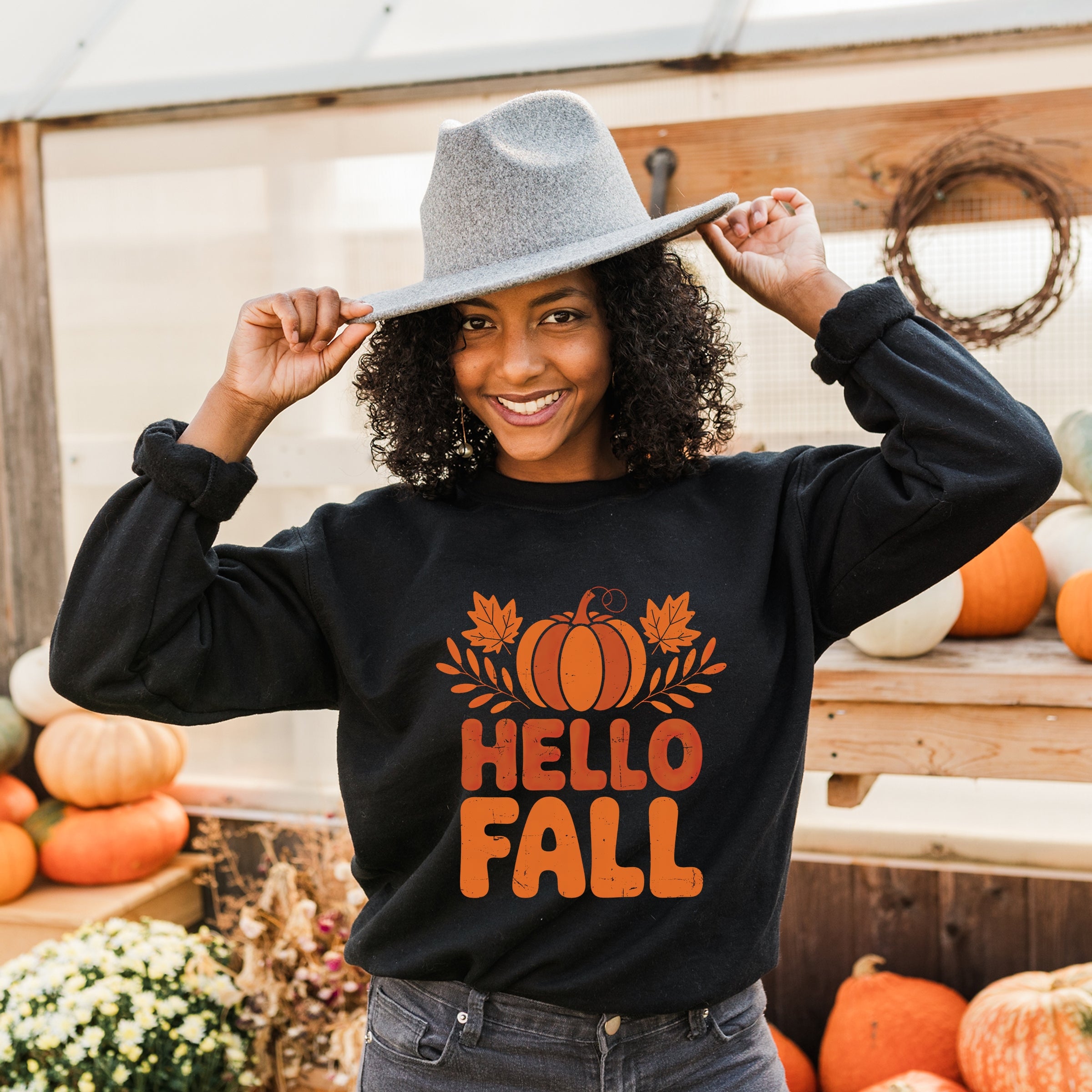 Hello Fall Pumpkin Distressed - Women's Graphic Sweatshirt