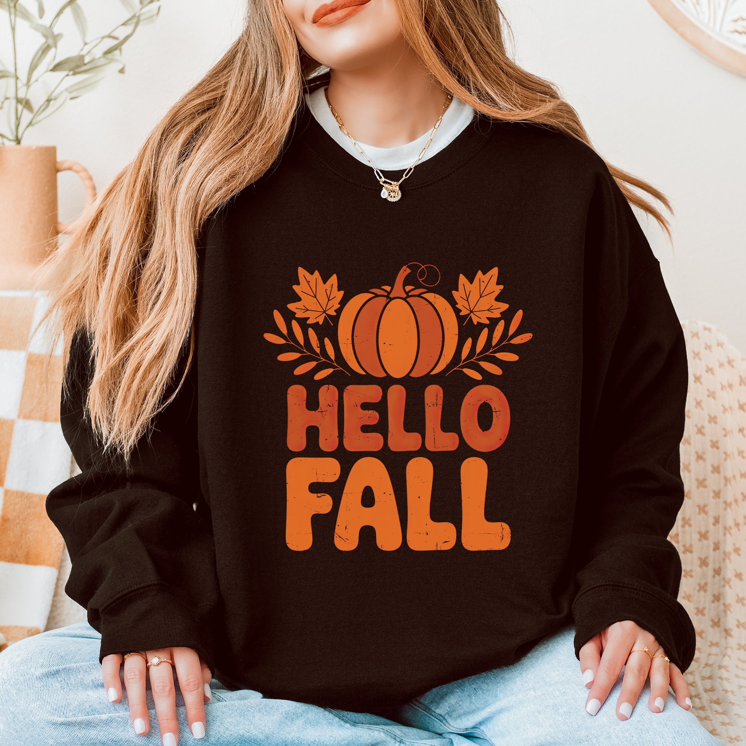 Hello Fall Pumpkin Distressed - Women's Graphic Sweatshirt