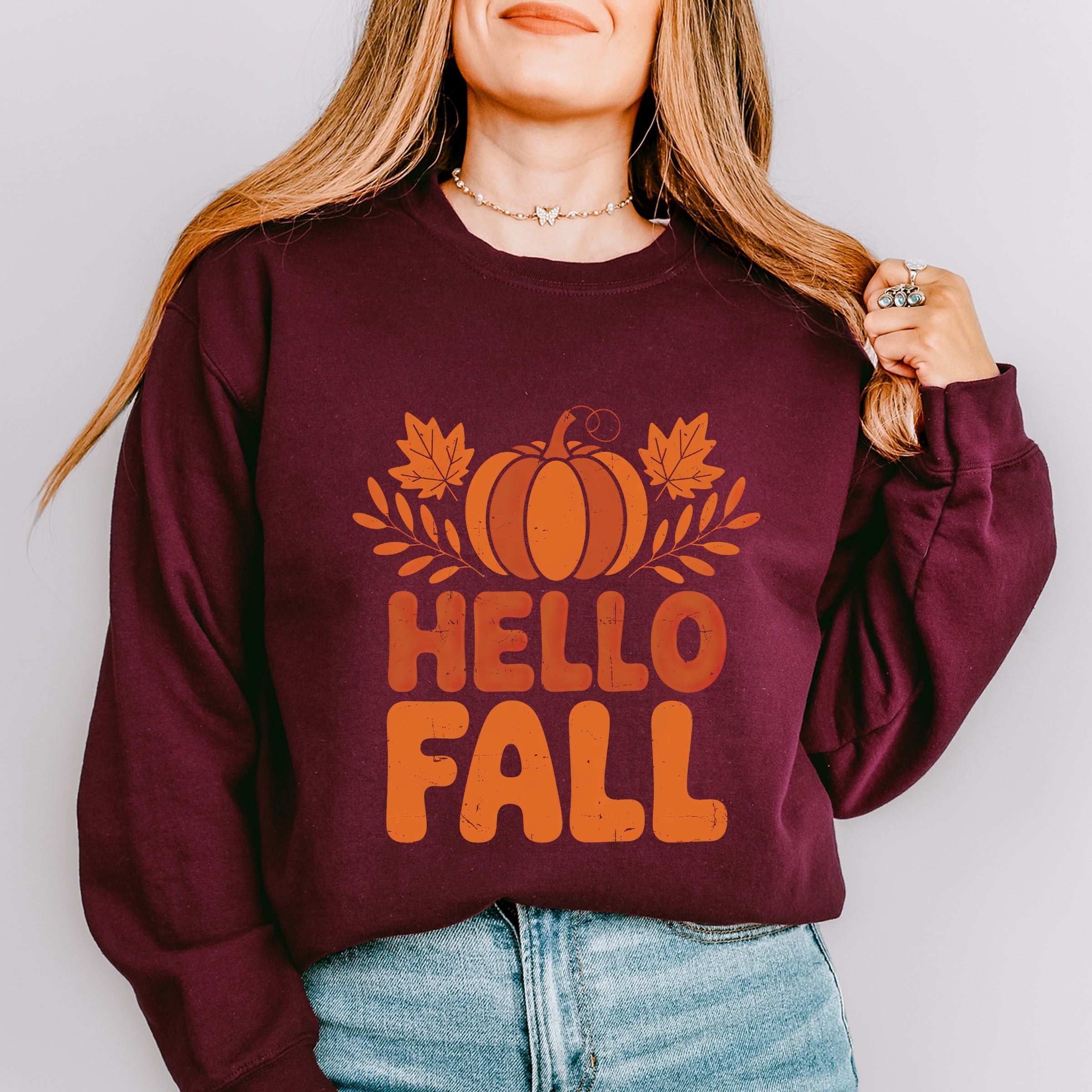 Hello Fall Pumpkin Distressed - Women's Graphic Sweatshirt