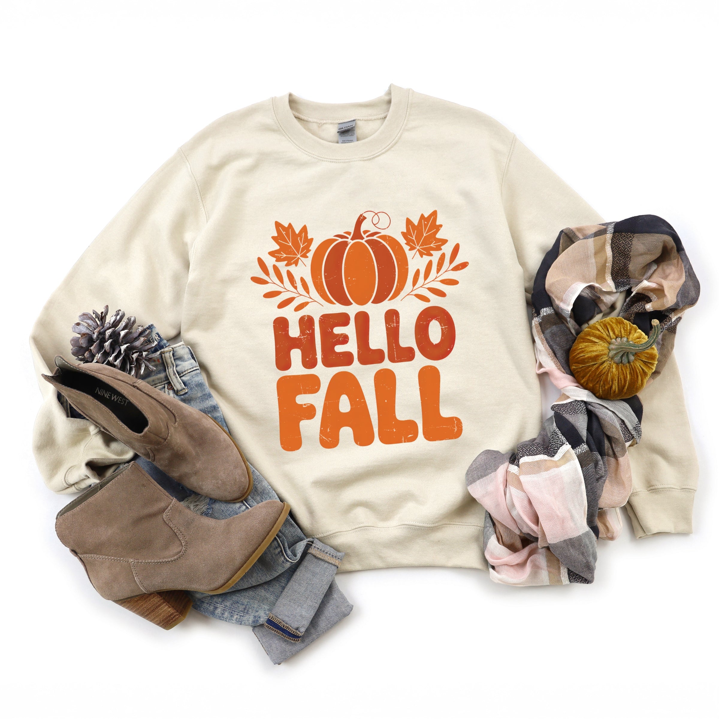 Hello Fall Pumpkin Distressed - Women's Graphic Sweatshirt
