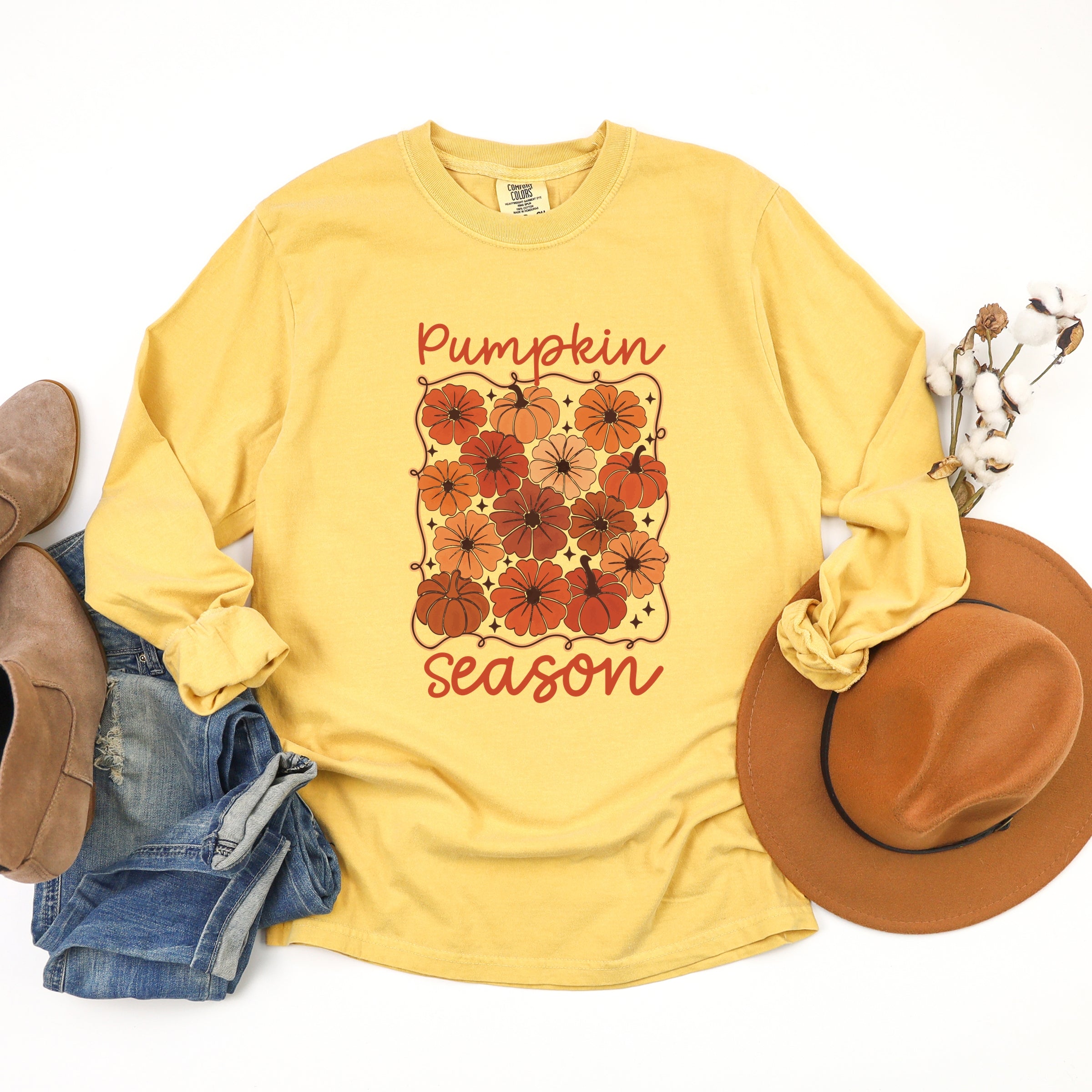 Pumpkin Season Floral - Women's Garment Dyed Long Sleeve Graphic T-Shirt