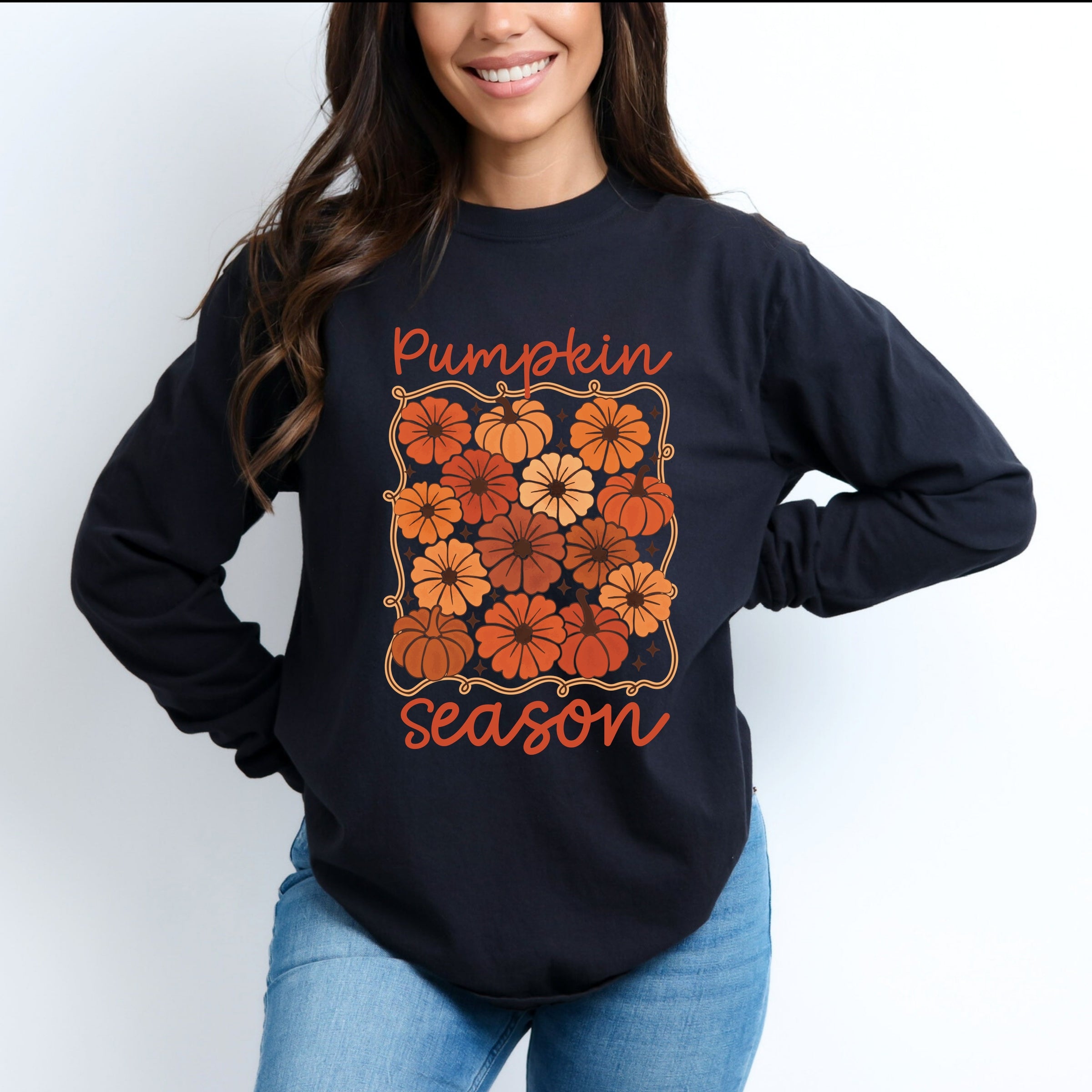 Pumpkin Season Floral - Women's Garment Dyed Long Sleeve Graphic T-Shirt