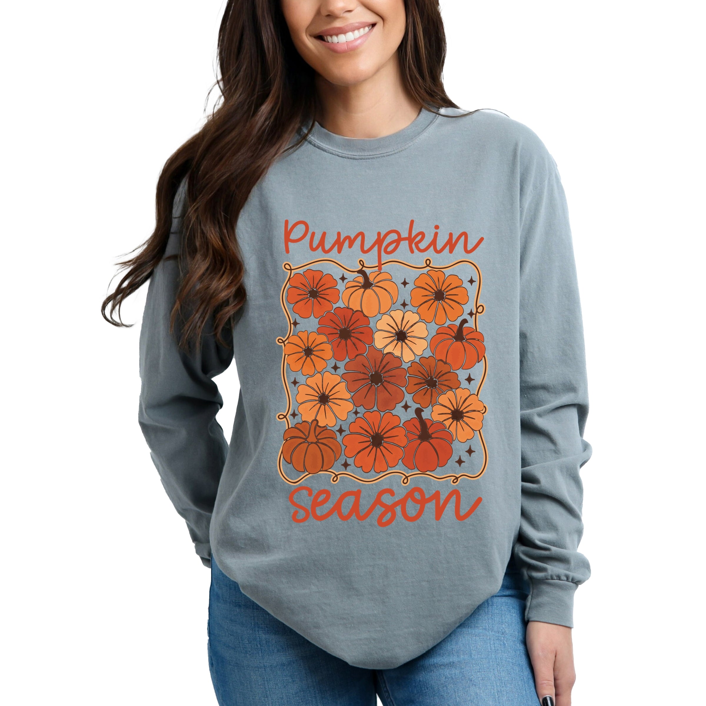 Pumpkin Season Floral - Women's Garment Dyed Long Sleeve Graphic T-Shirt