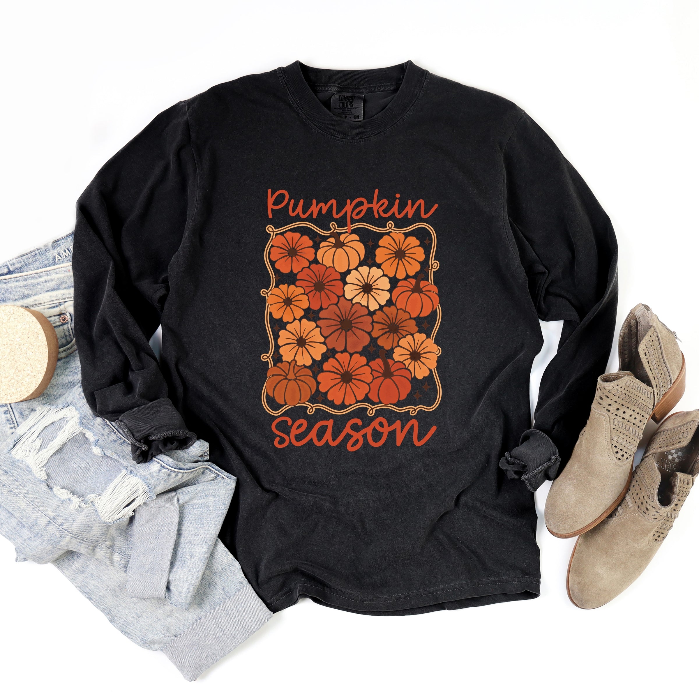 Pumpkin Season Floral - Women's Garment Dyed Long Sleeve Graphic T-Shirt