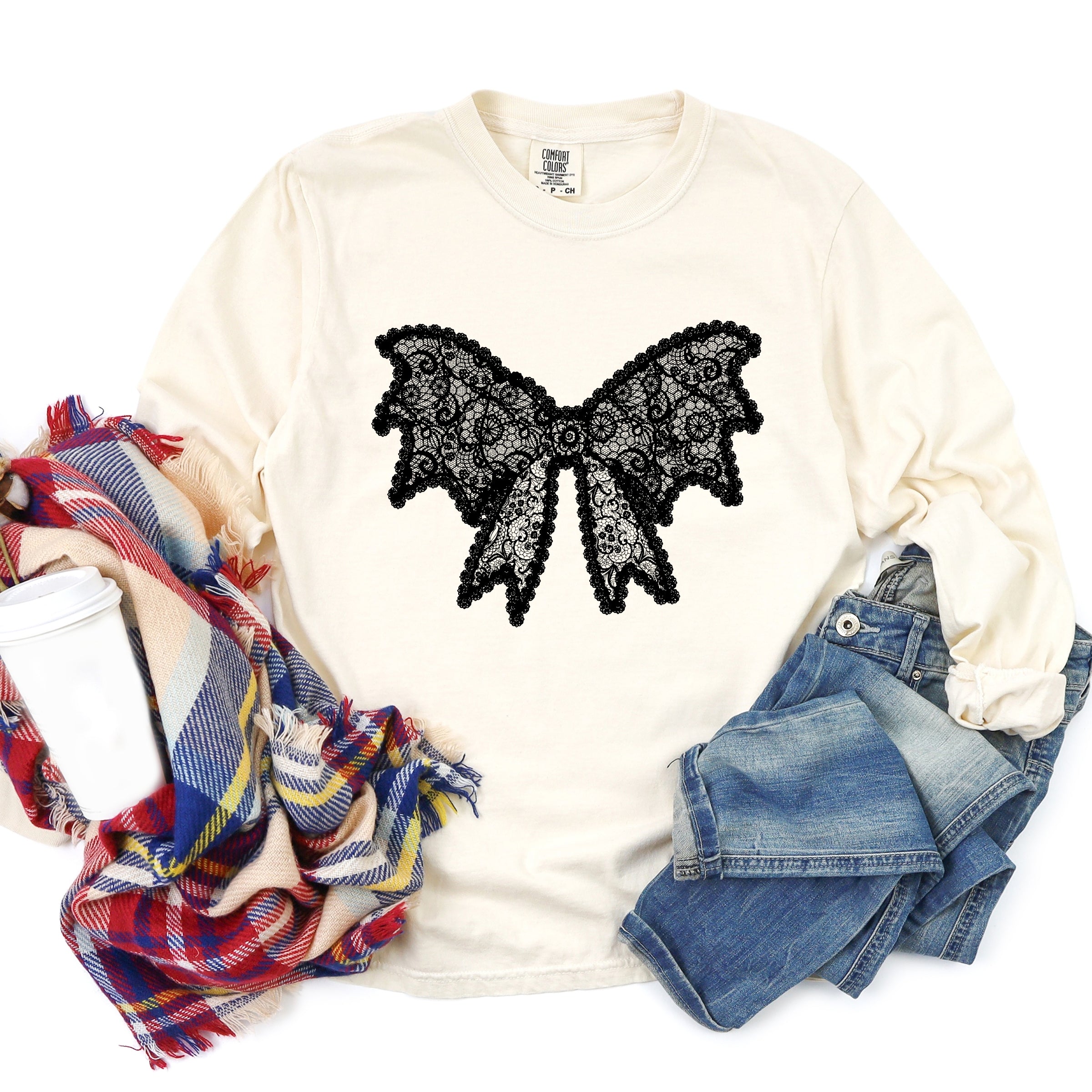 Lace Bow - Women's Garment Dyed Long Sleeve Graphic T-Shirt