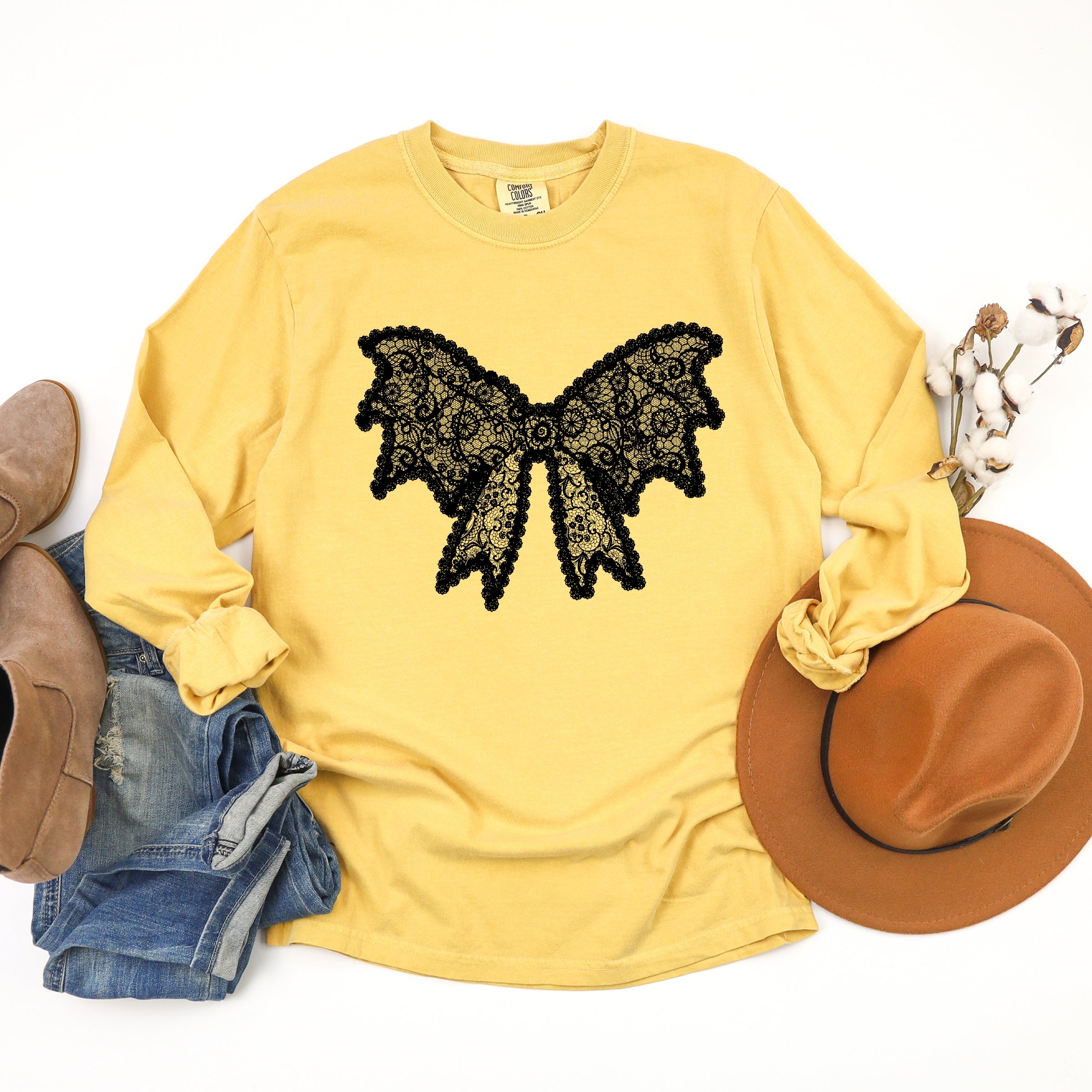 Lace Bow - Women's Garment Dyed Long Sleeve Graphic T-Shirt