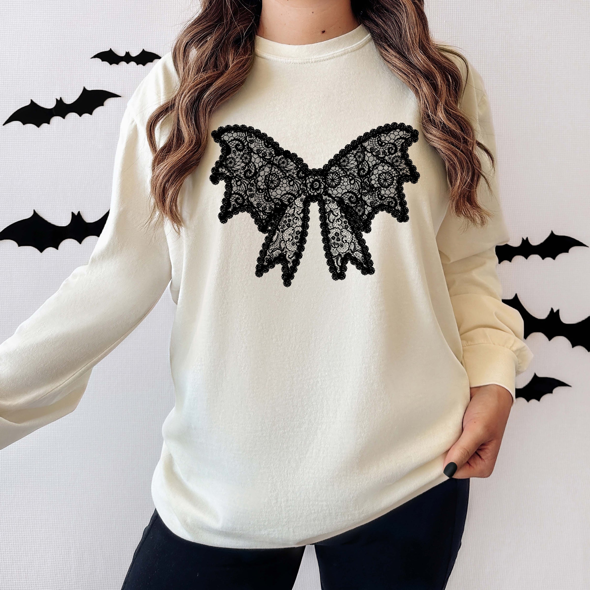 Lace Bow - Women's Garment Dyed Long Sleeve Graphic T-Shirt