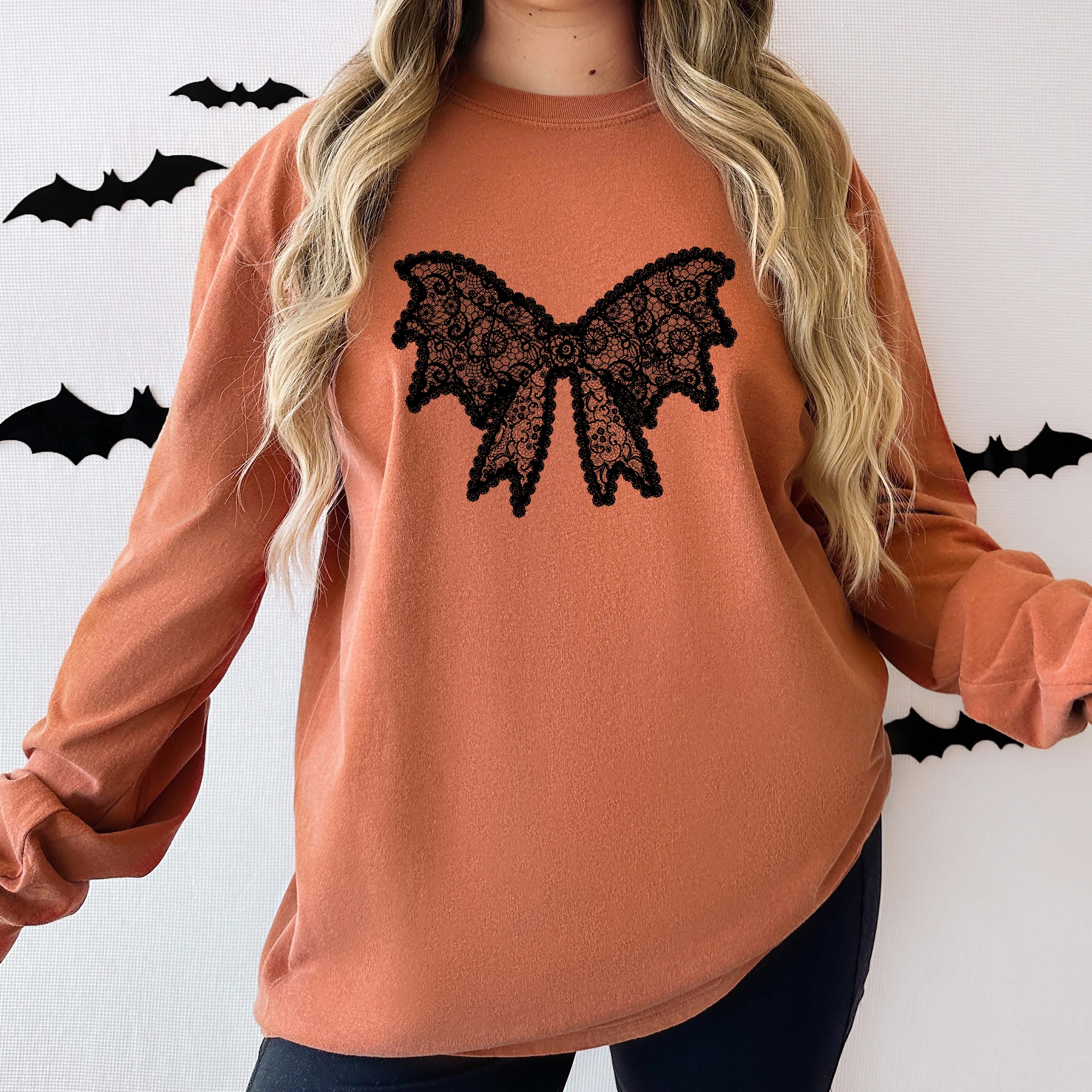 Lace Bow - Women's Garment Dyed Long Sleeve Graphic T-Shirt
