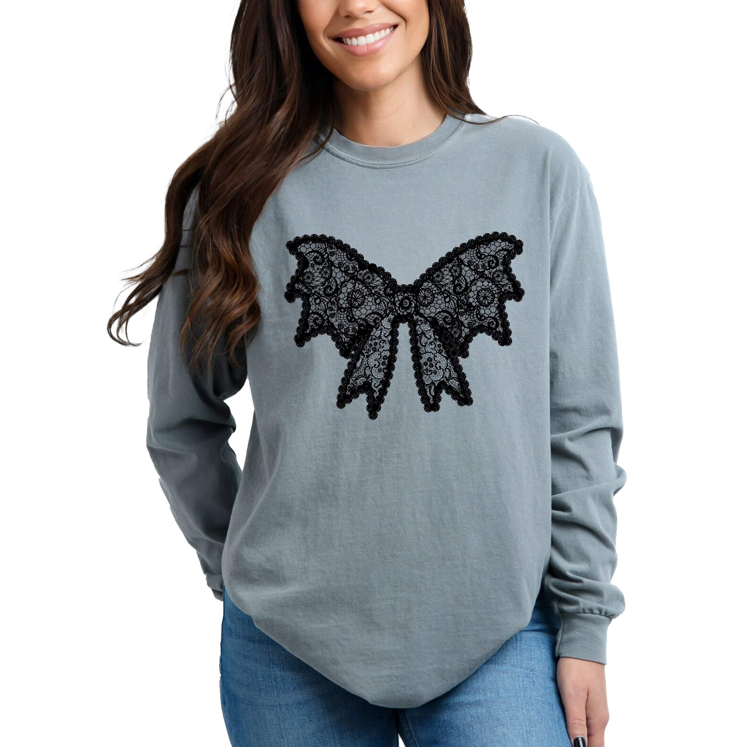 Lace Bow - Women's Garment Dyed Long Sleeve Graphic T-Shirt