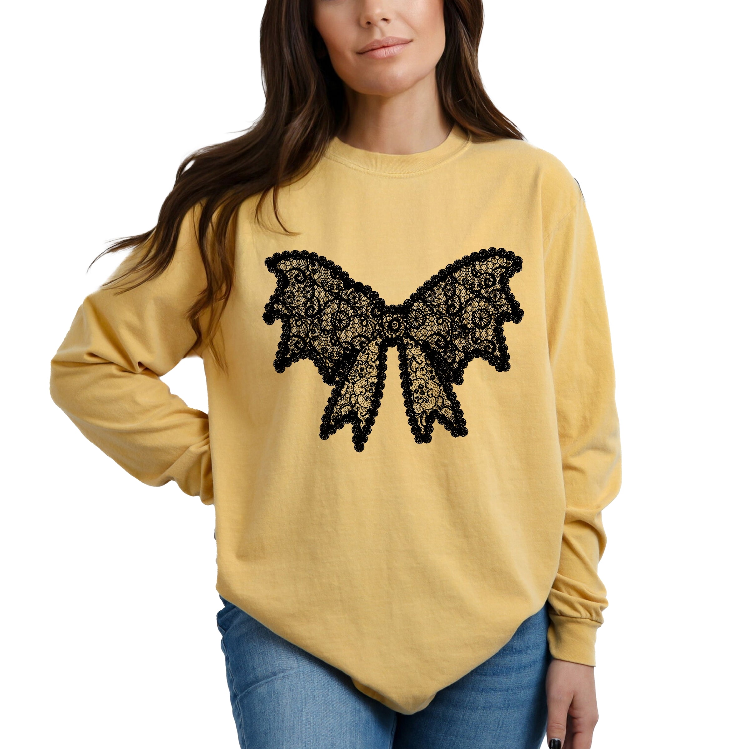 Lace Bow - Women's Garment Dyed Long Sleeve Graphic T-Shirt