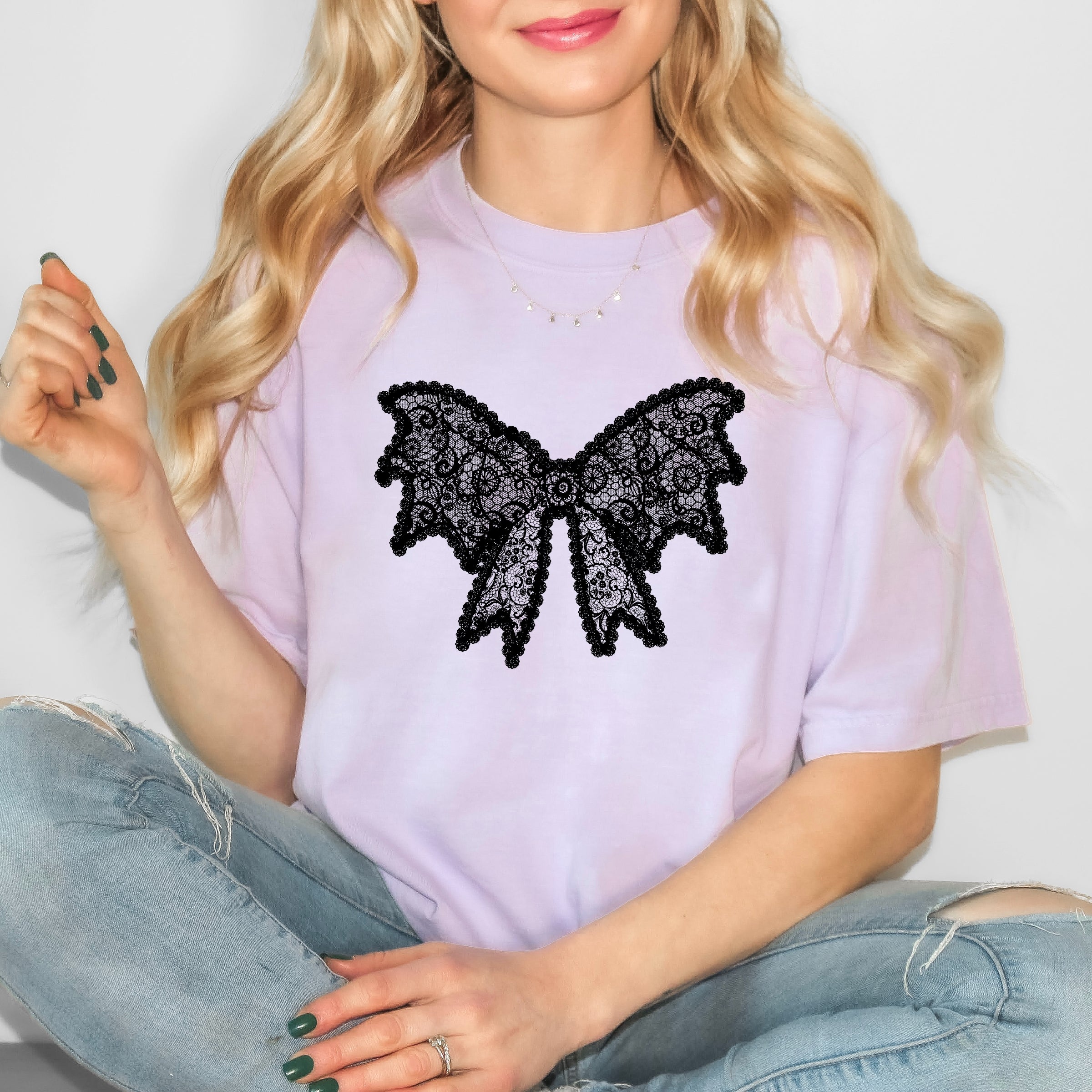 Lace Bow - Women's Garment Dyed Graphic T-Shirt