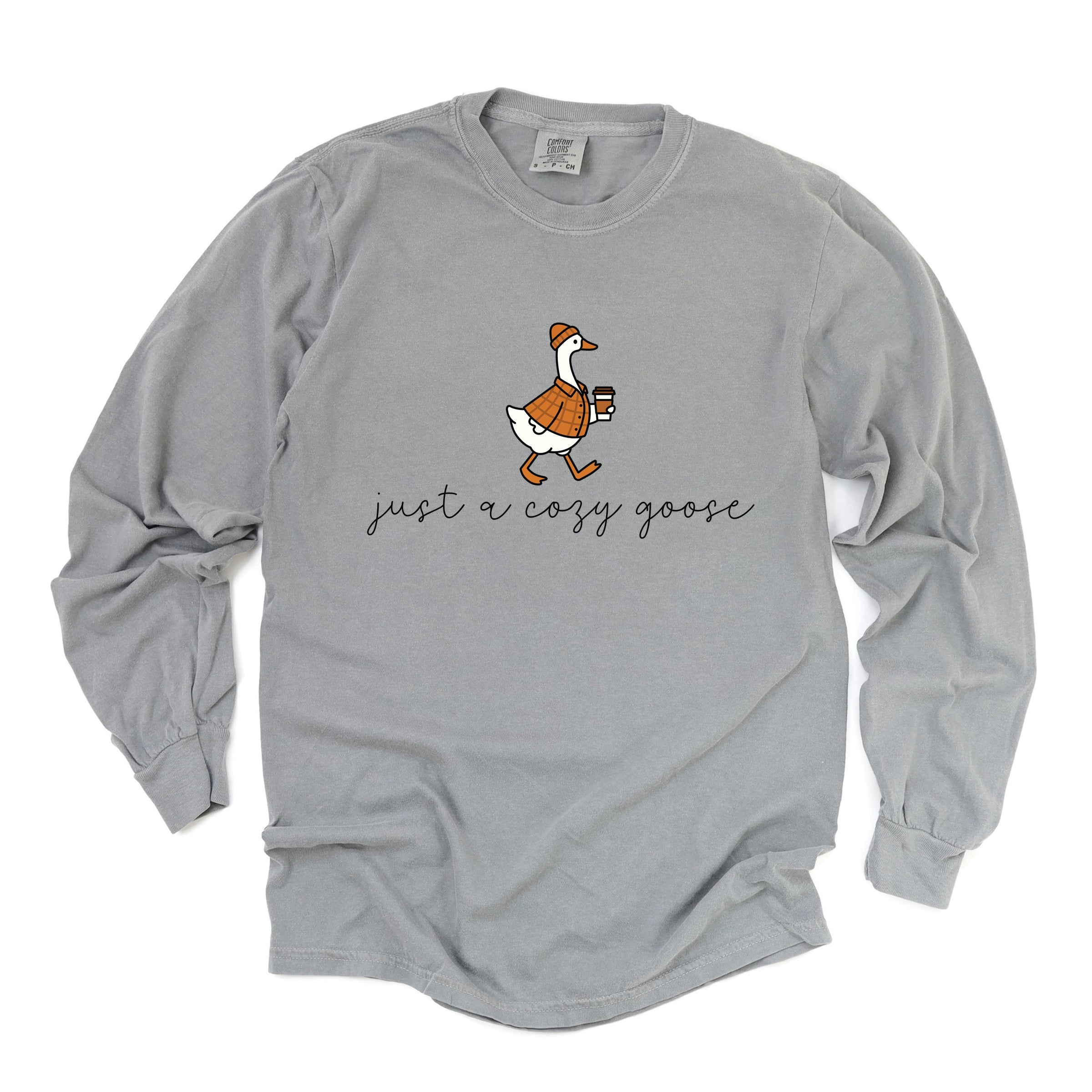 Just A Cozy Goose Plaid - Women's Garment Dyed Long Sleeve Graphic T-Shirt