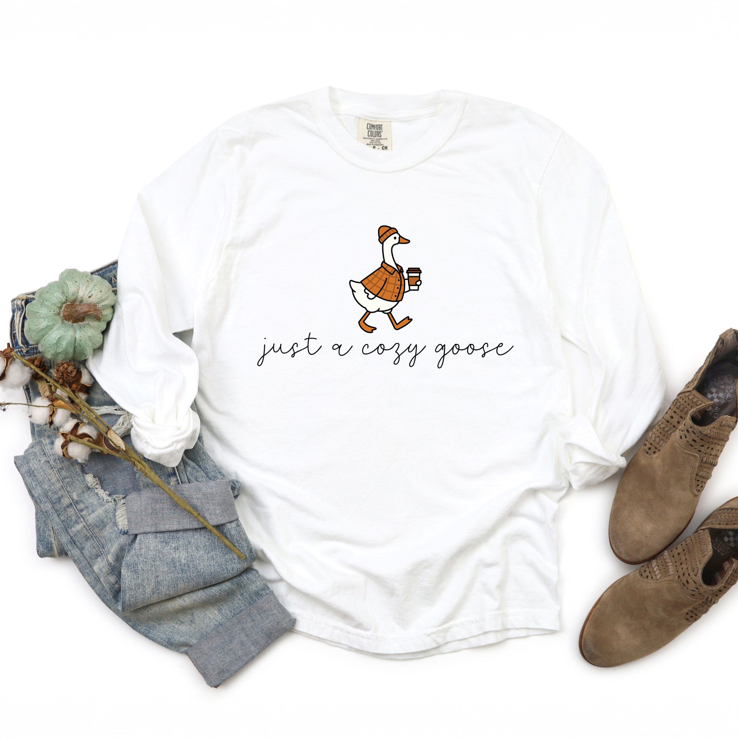 Just A Cozy Goose Plaid - Women's Garment Dyed Long Sleeve Graphic T-Shirt
