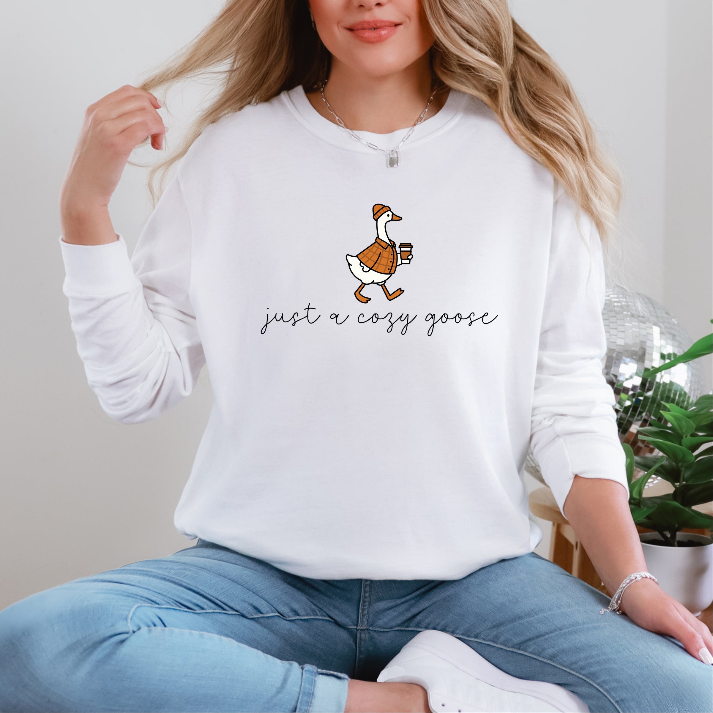 Just A Cozy Goose Plaid - Women's Garment Dyed Long Sleeve Graphic T-Shirt