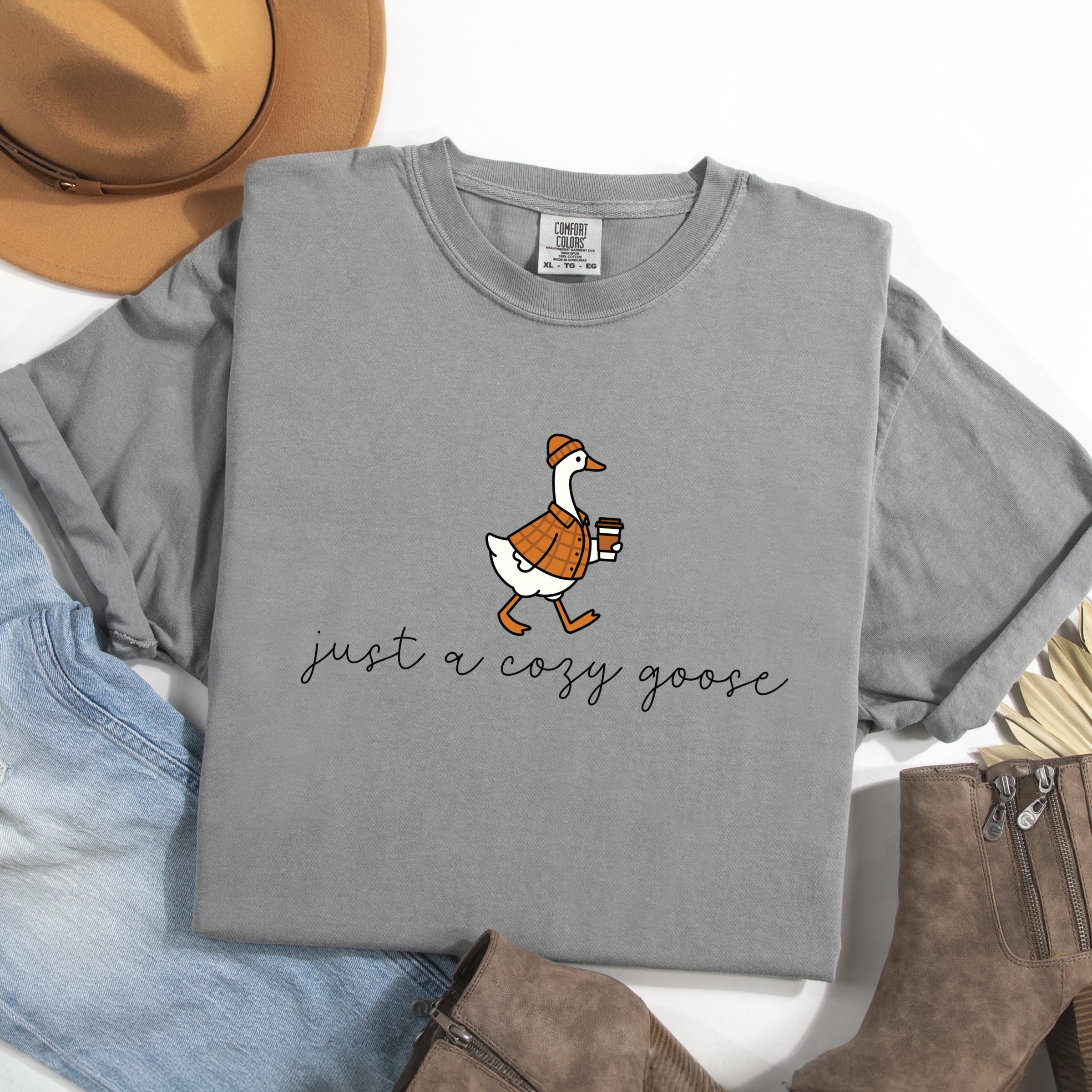 Just A Cozy Goose Plaid - Women's Garment Dyed Graphic T-Shirt