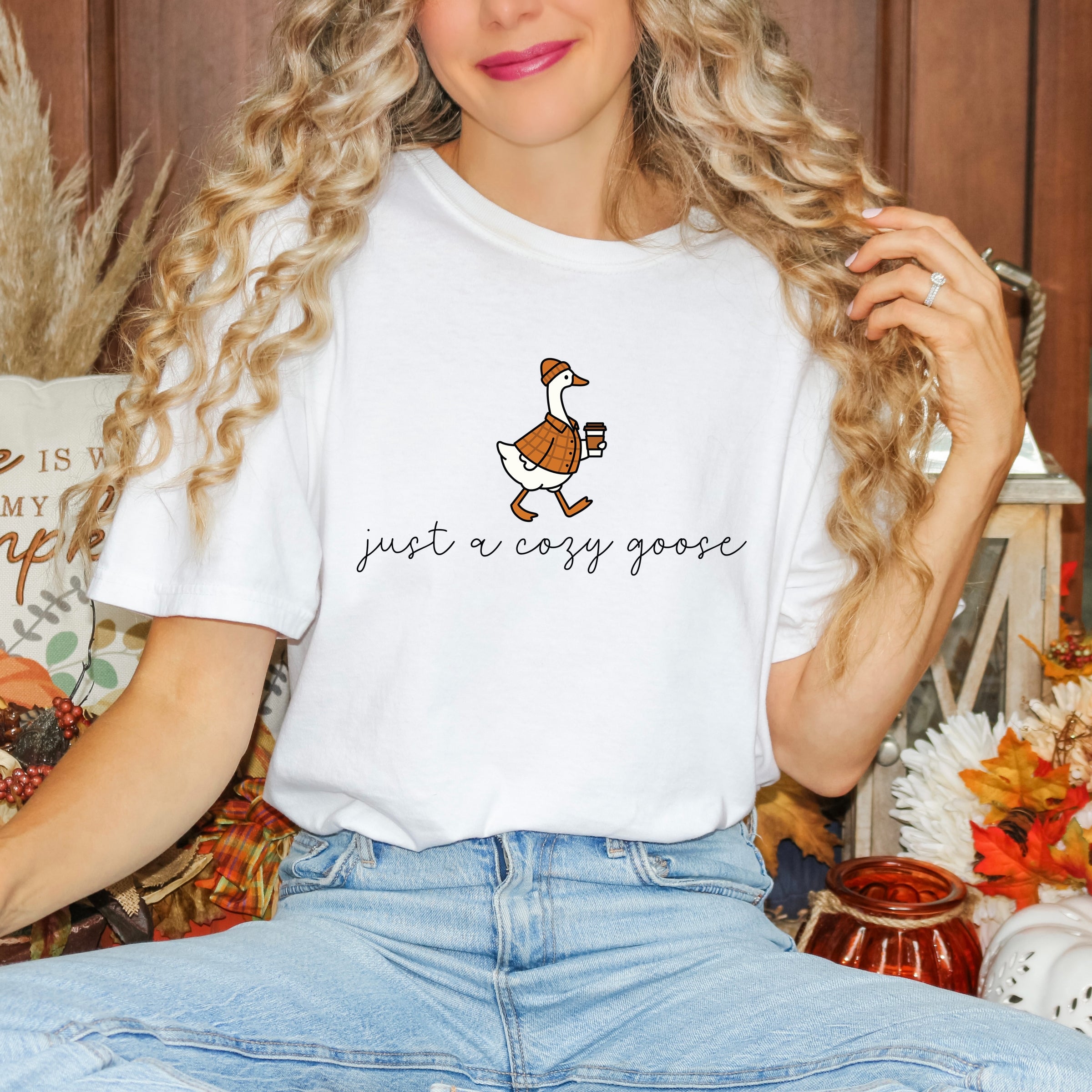 Just A Cozy Goose Plaid - Women's Garment Dyed Graphic T-Shirt