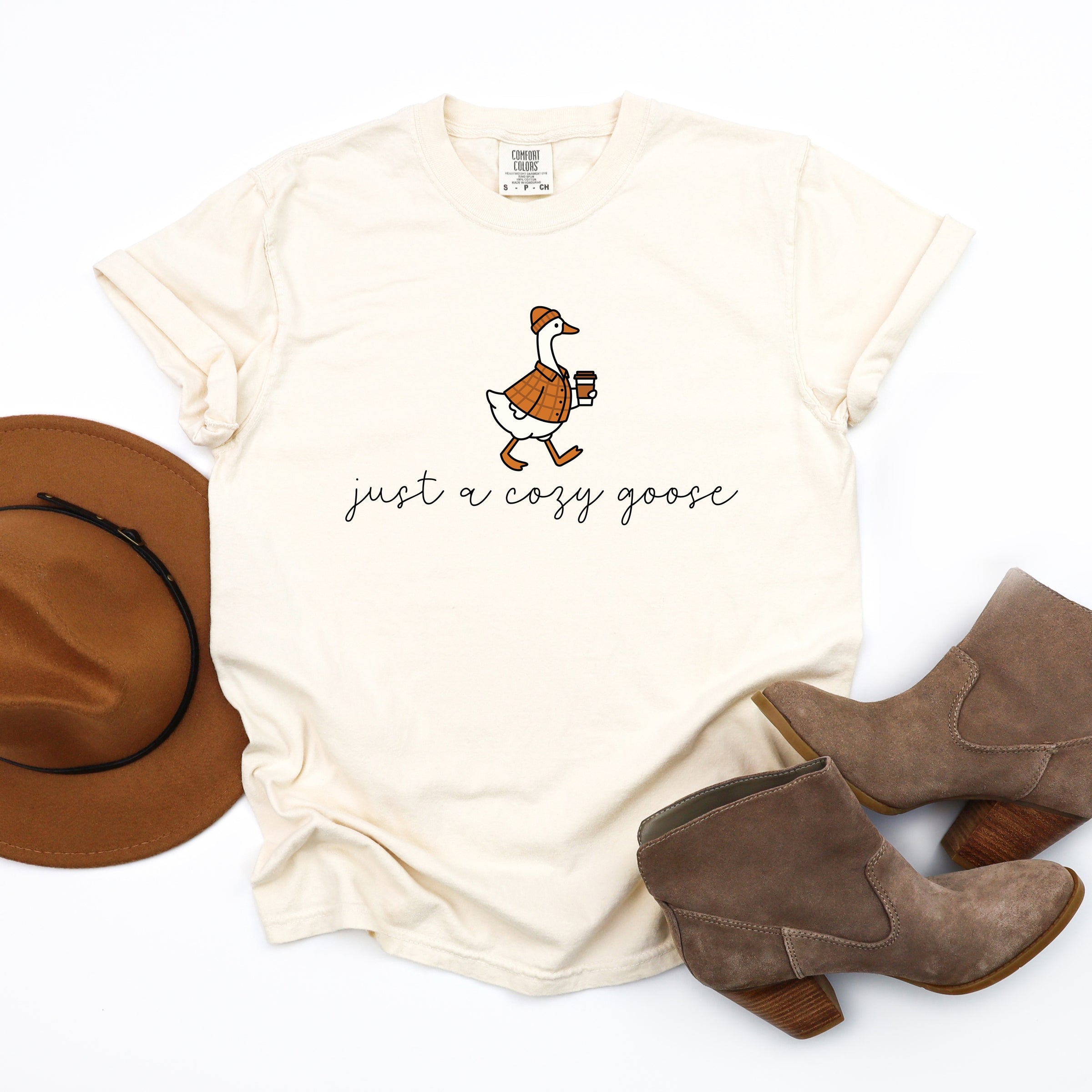 Just A Cozy Goose Plaid - Women's Garment Dyed Graphic T-Shirt