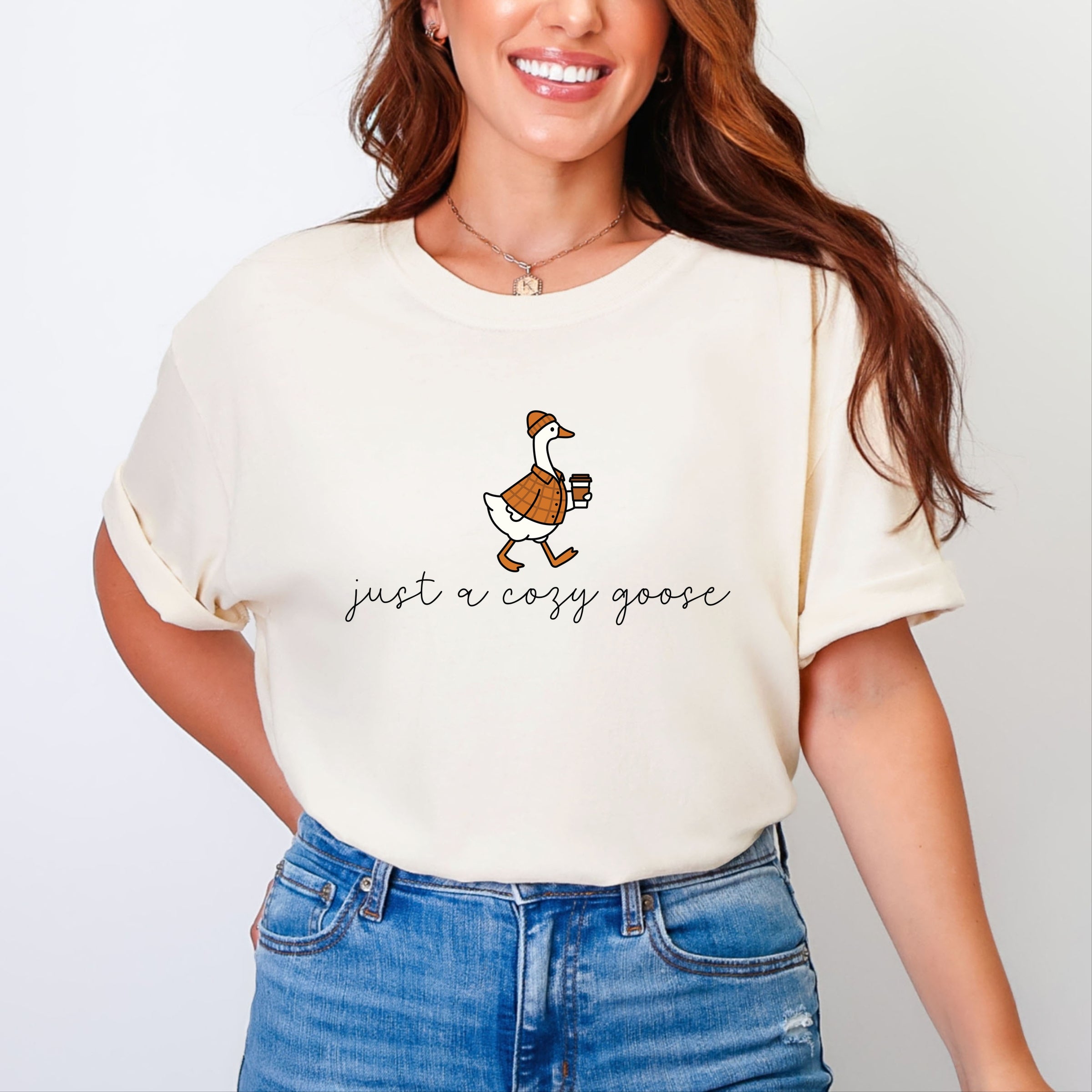Just A Cozy Goose Plaid - Women's Garment Dyed Graphic T-Shirt