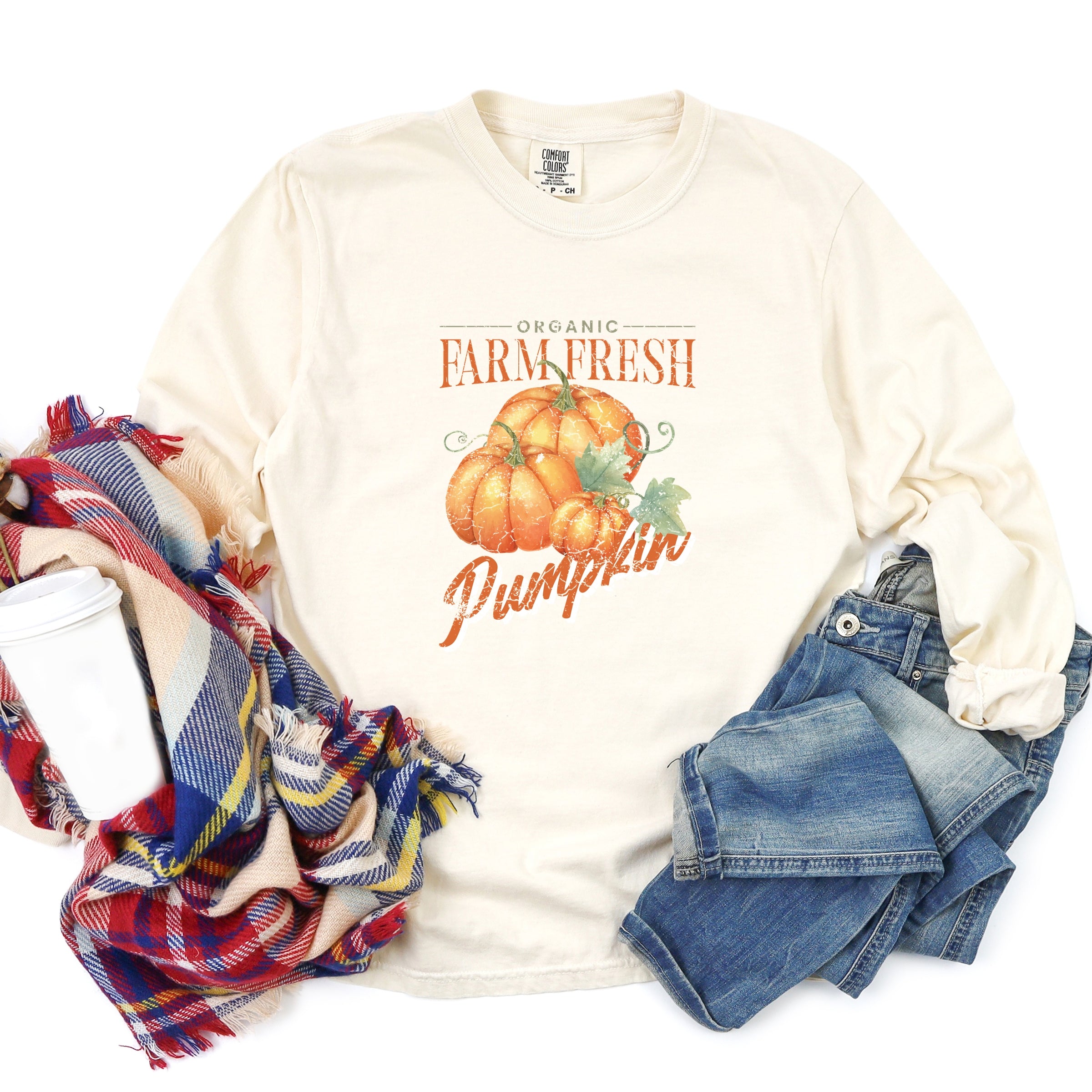 Farm Fresh Pumpkin Watercolor - Women's Garment Dyed Long Sleeve Graphic T-Shirt