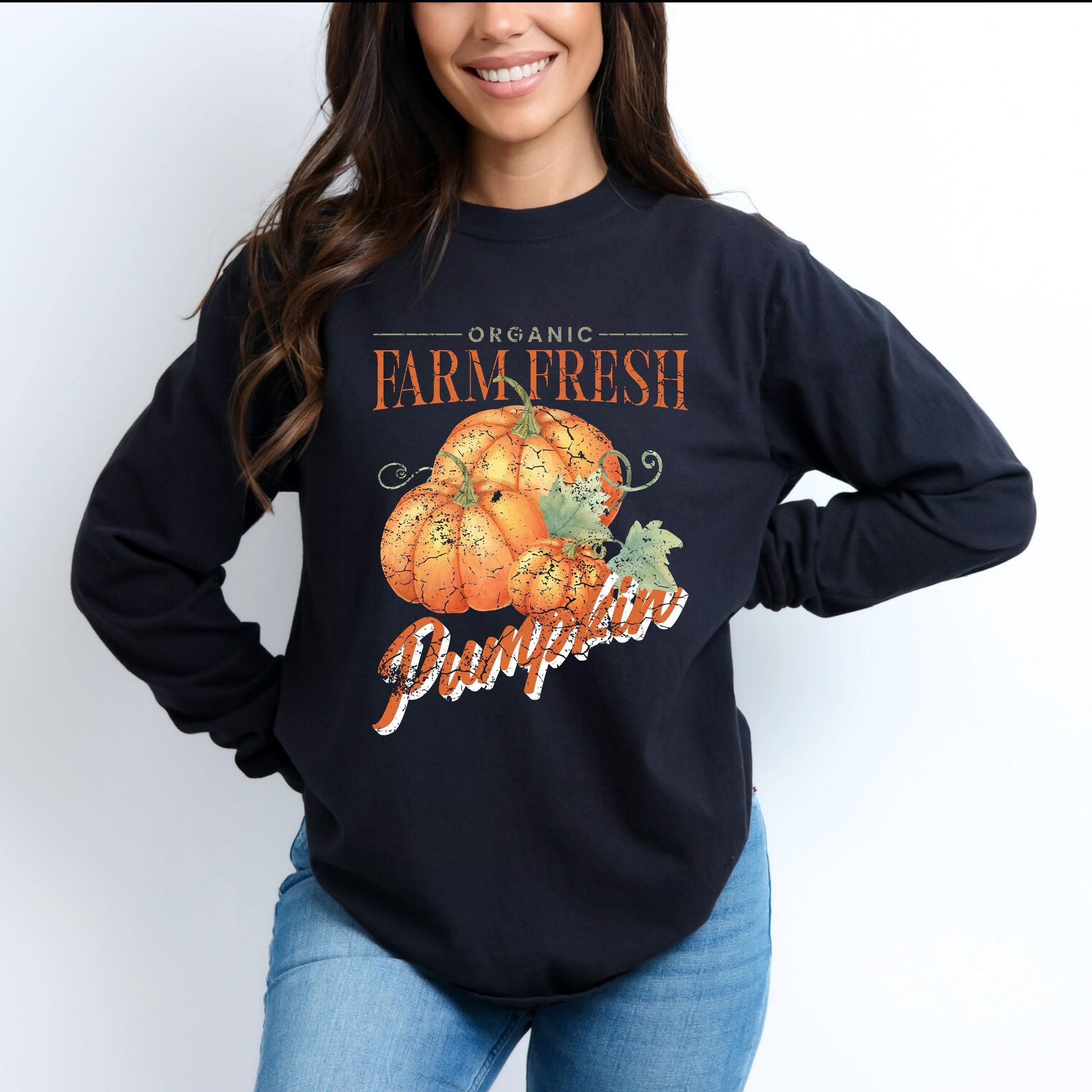 Farm Fresh Pumpkin Watercolor - Women's Garment Dyed Long Sleeve Graphic T-Shirt
