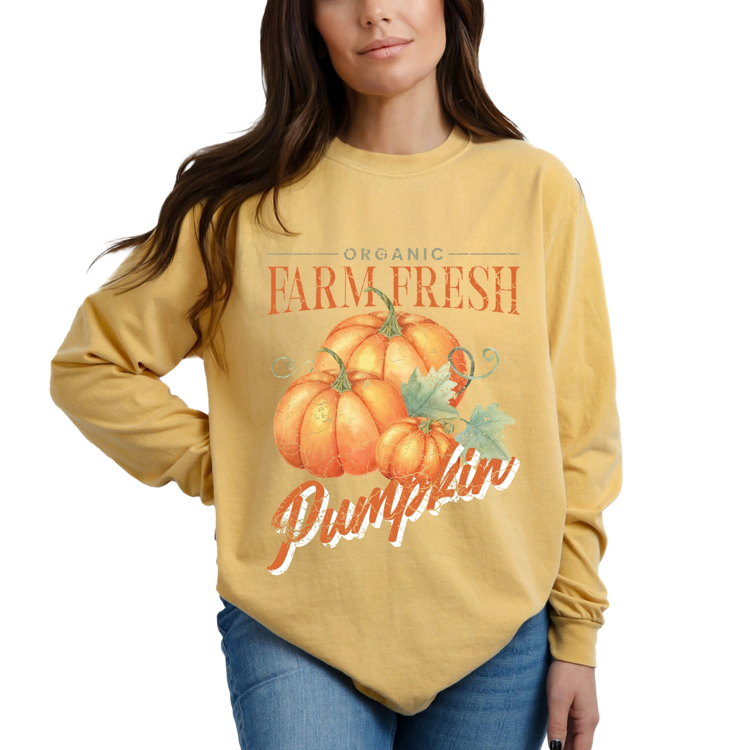 Farm Fresh Pumpkin Watercolor - Women's Garment Dyed Long Sleeve Graphic T-Shirt