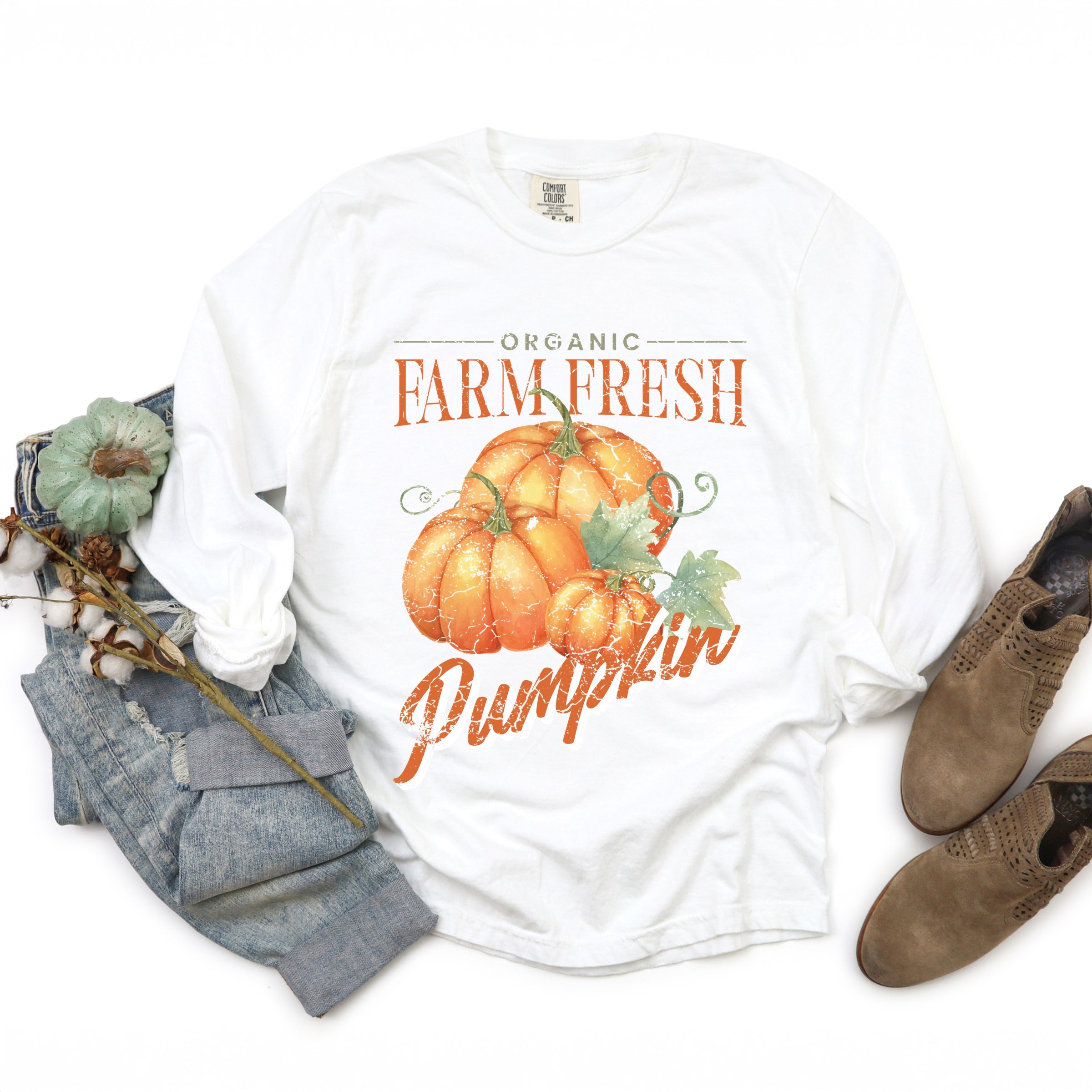 Farm Fresh Pumpkin Watercolor - Women's Garment Dyed Long Sleeve Graphic T-Shirt