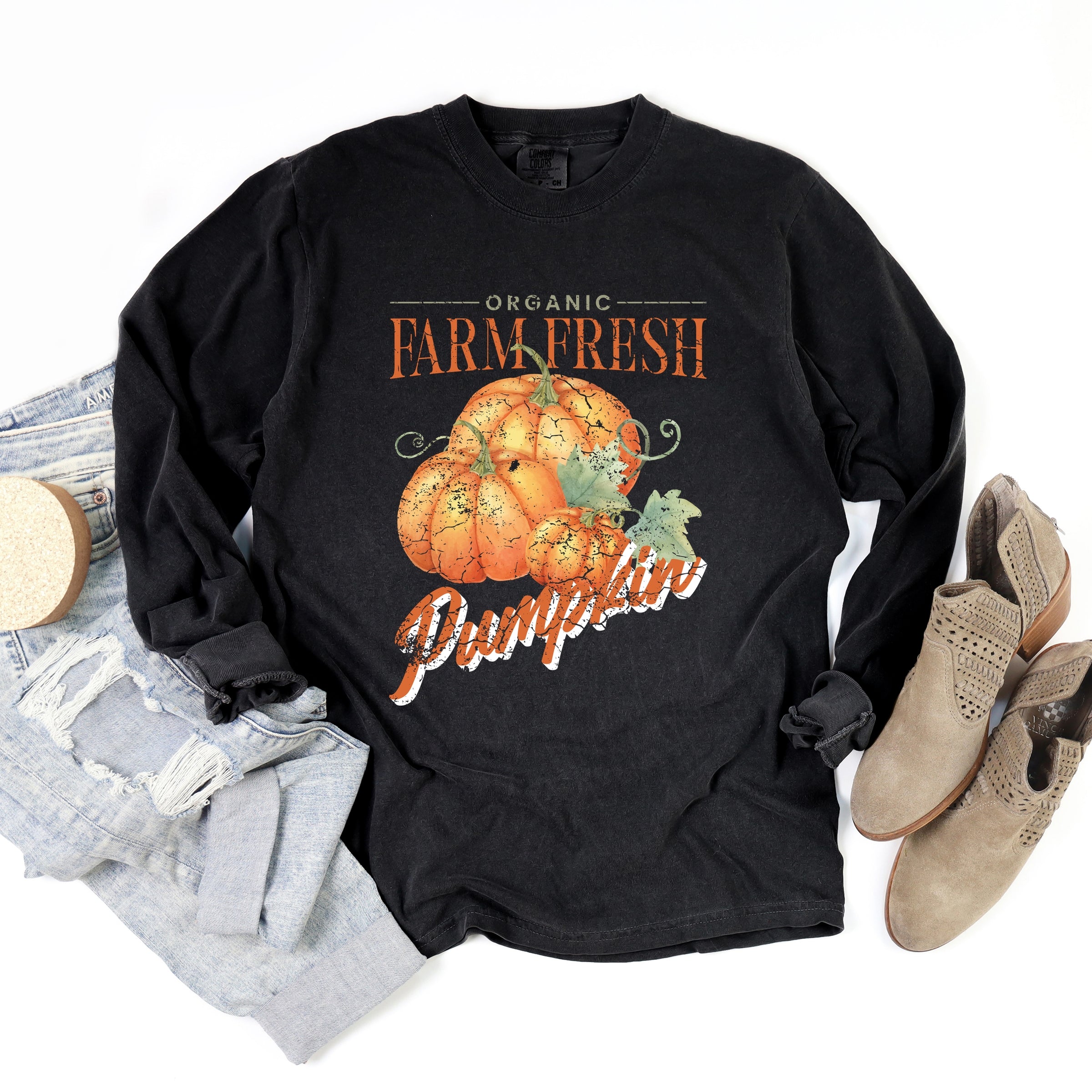 Farm Fresh Pumpkin Watercolor - Women's Garment Dyed Long Sleeve Graphic T-Shirt