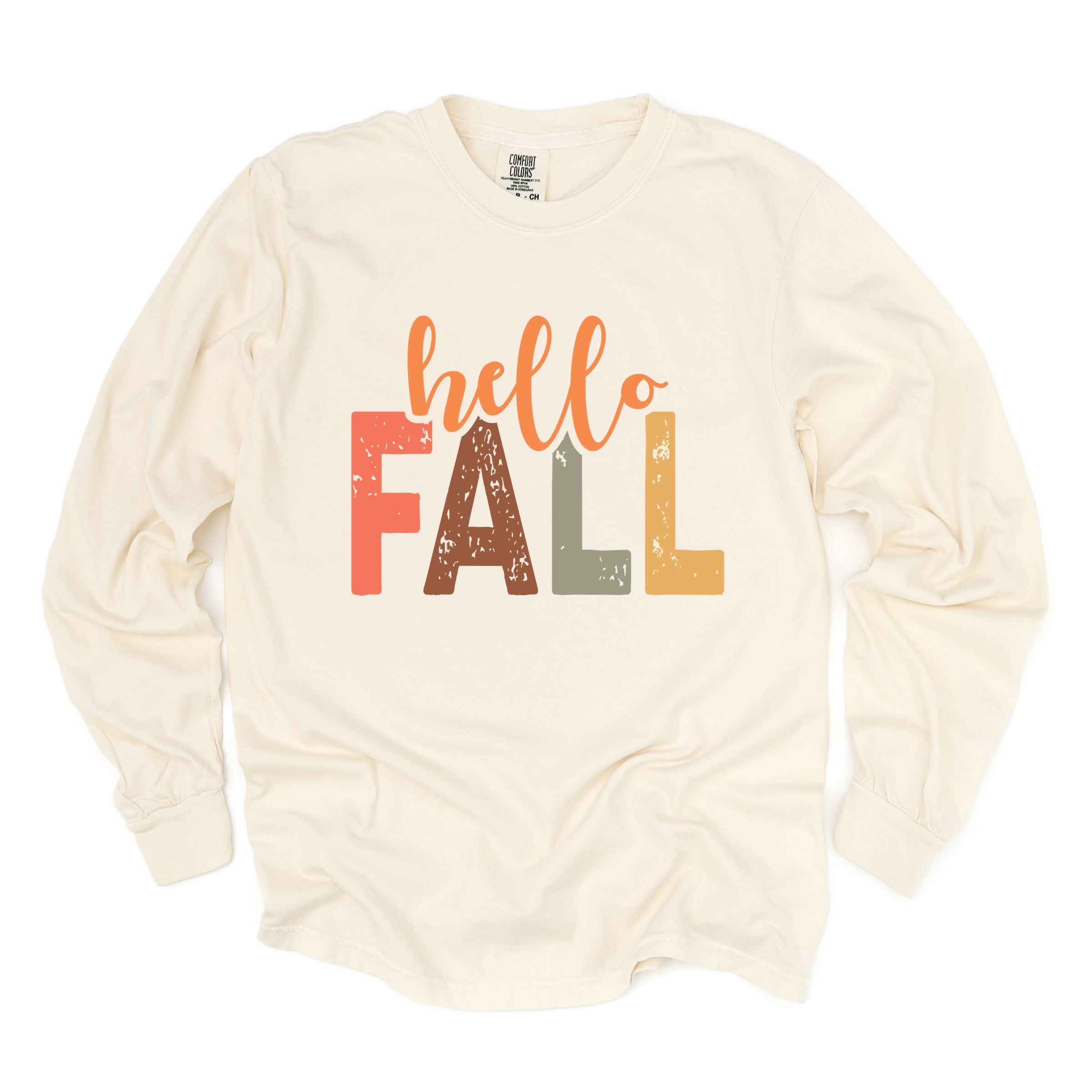 Hello Fall Cursive Block - Women's Garment Dyed Long Sleeve Graphic T-Shirt