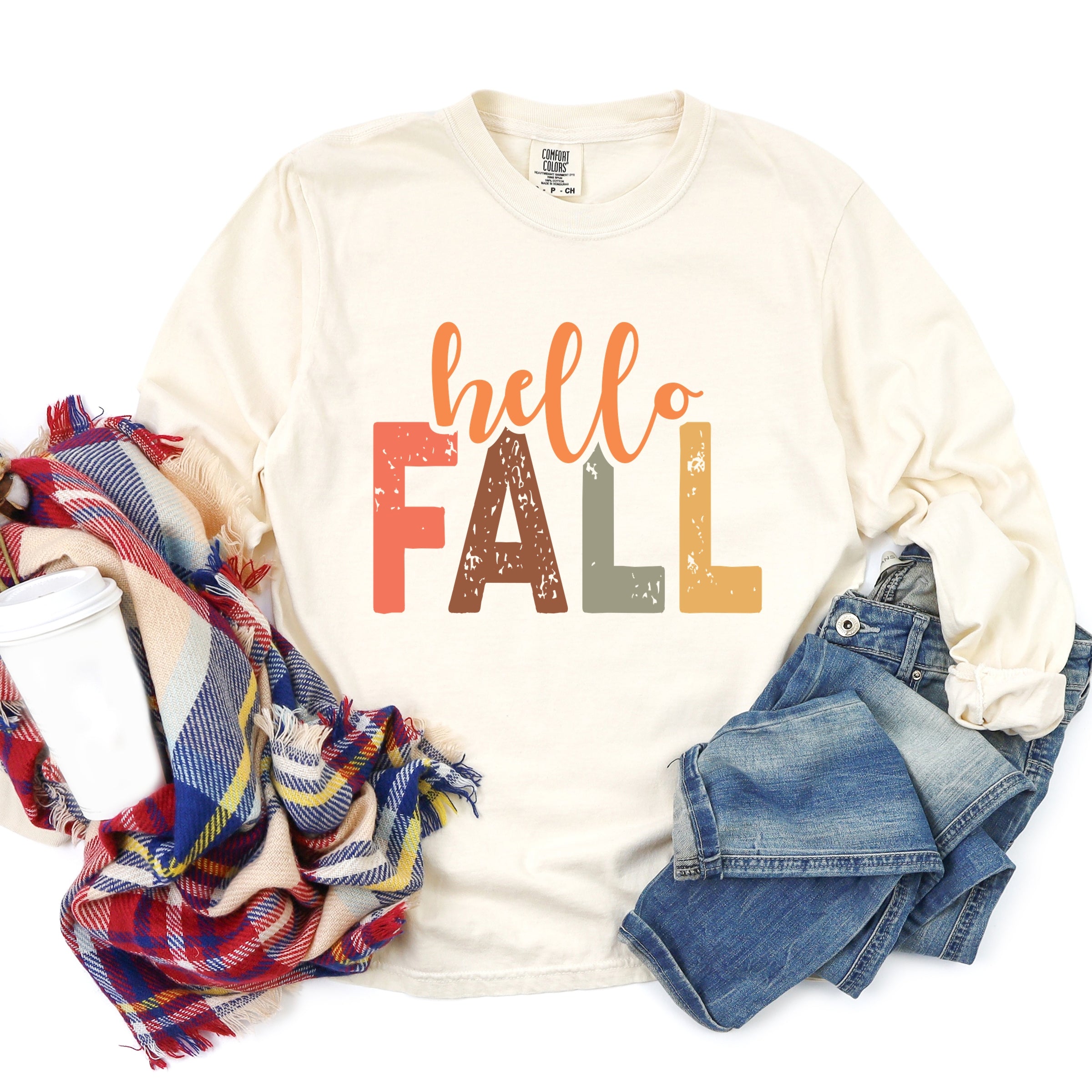 Hello Fall Cursive Block - Women's Garment Dyed Long Sleeve Graphic T-Shirt
