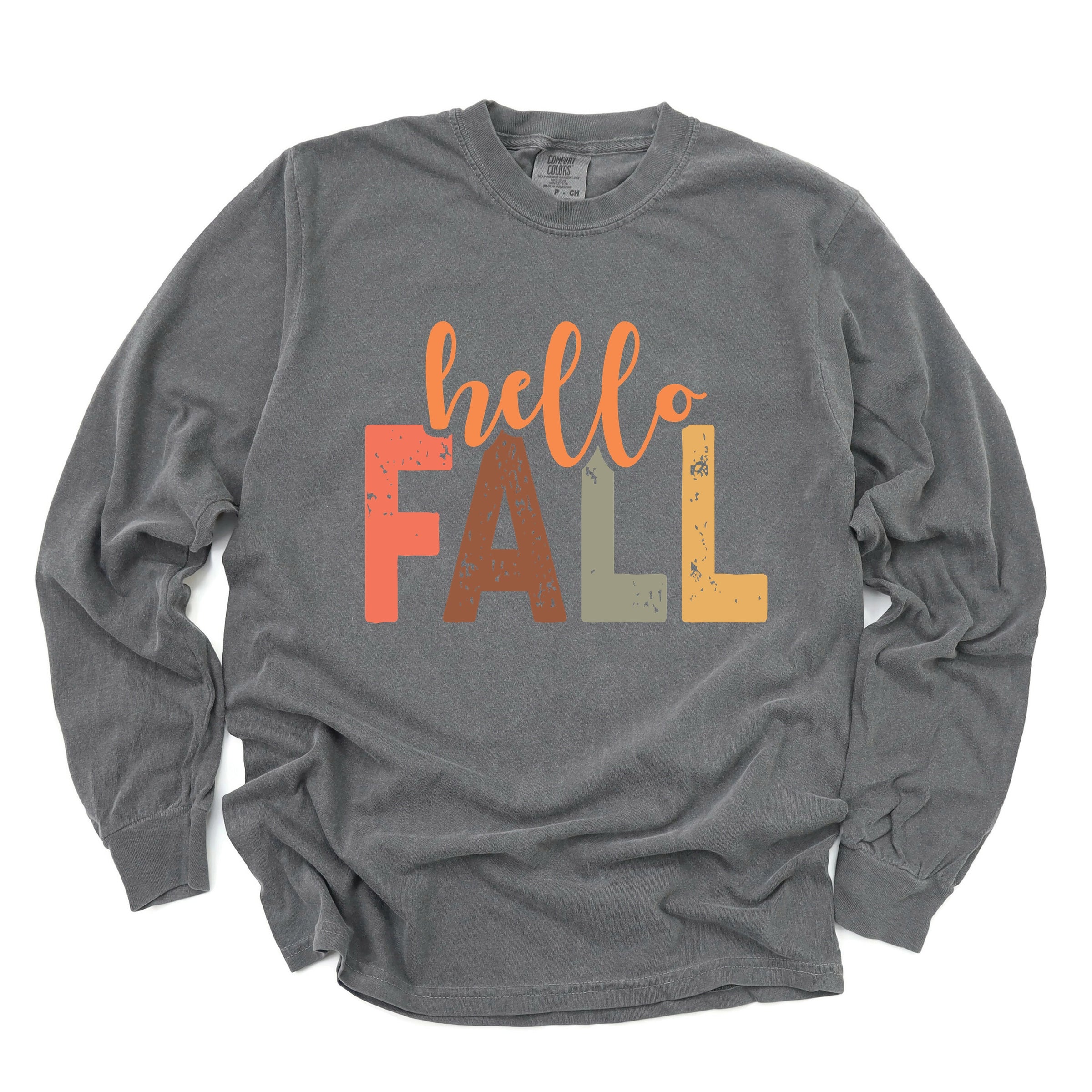 Hello Fall Cursive Block - Women's Garment Dyed Long Sleeve Graphic T-Shirt
