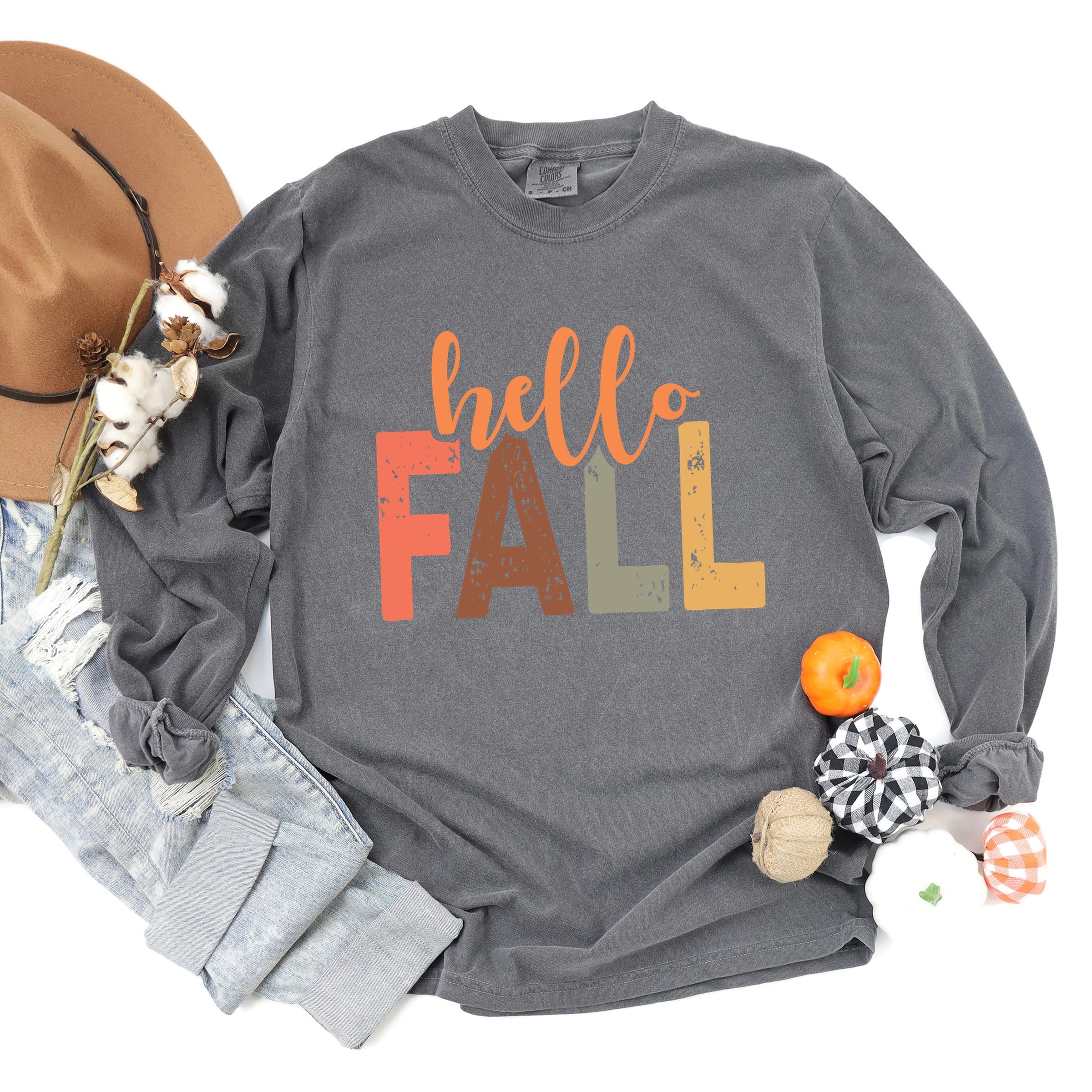Hello Fall Cursive Block - Women's Garment Dyed Long Sleeve Graphic T-Shirt