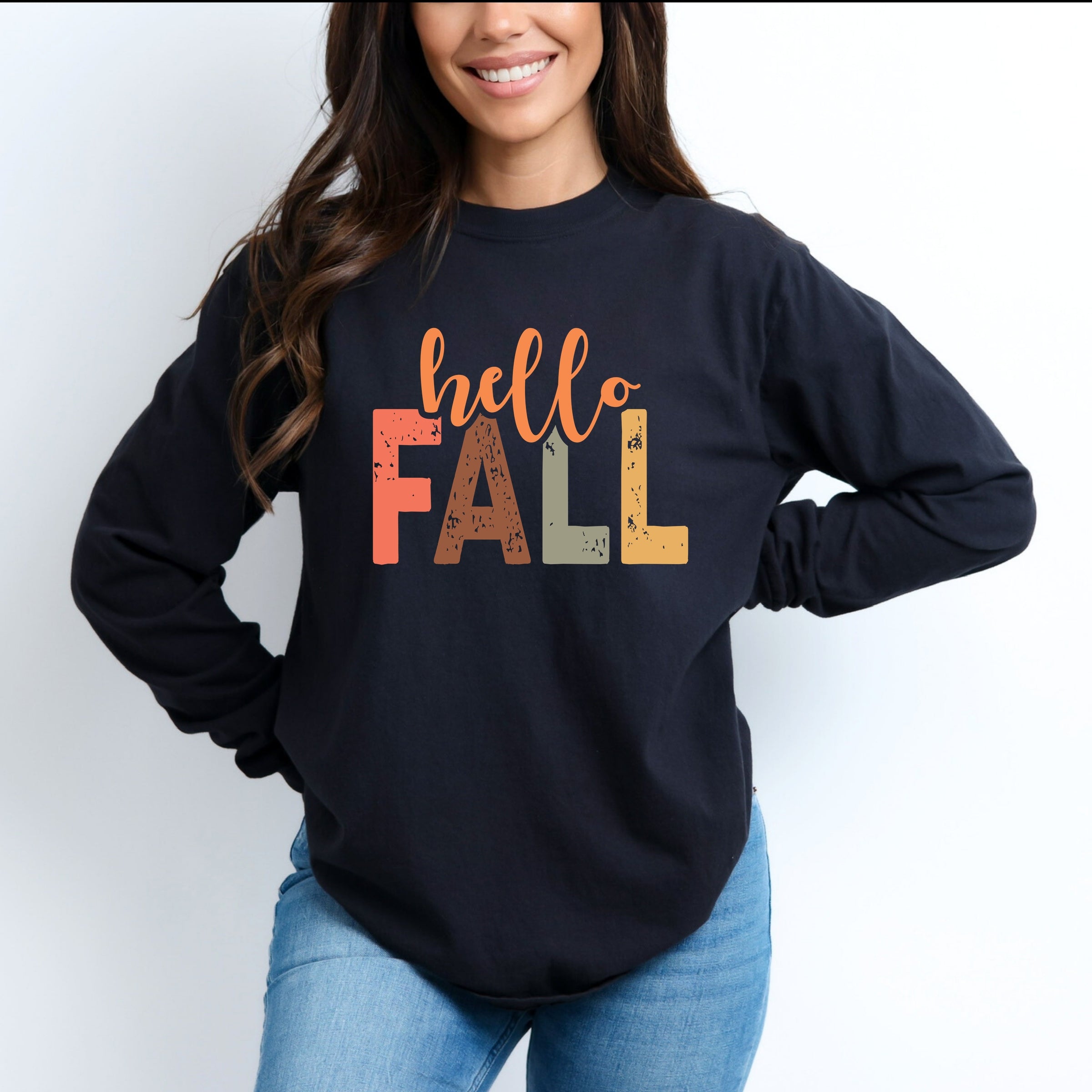 Hello Fall Cursive Block - Women's Garment Dyed Long Sleeve Graphic T-Shirt