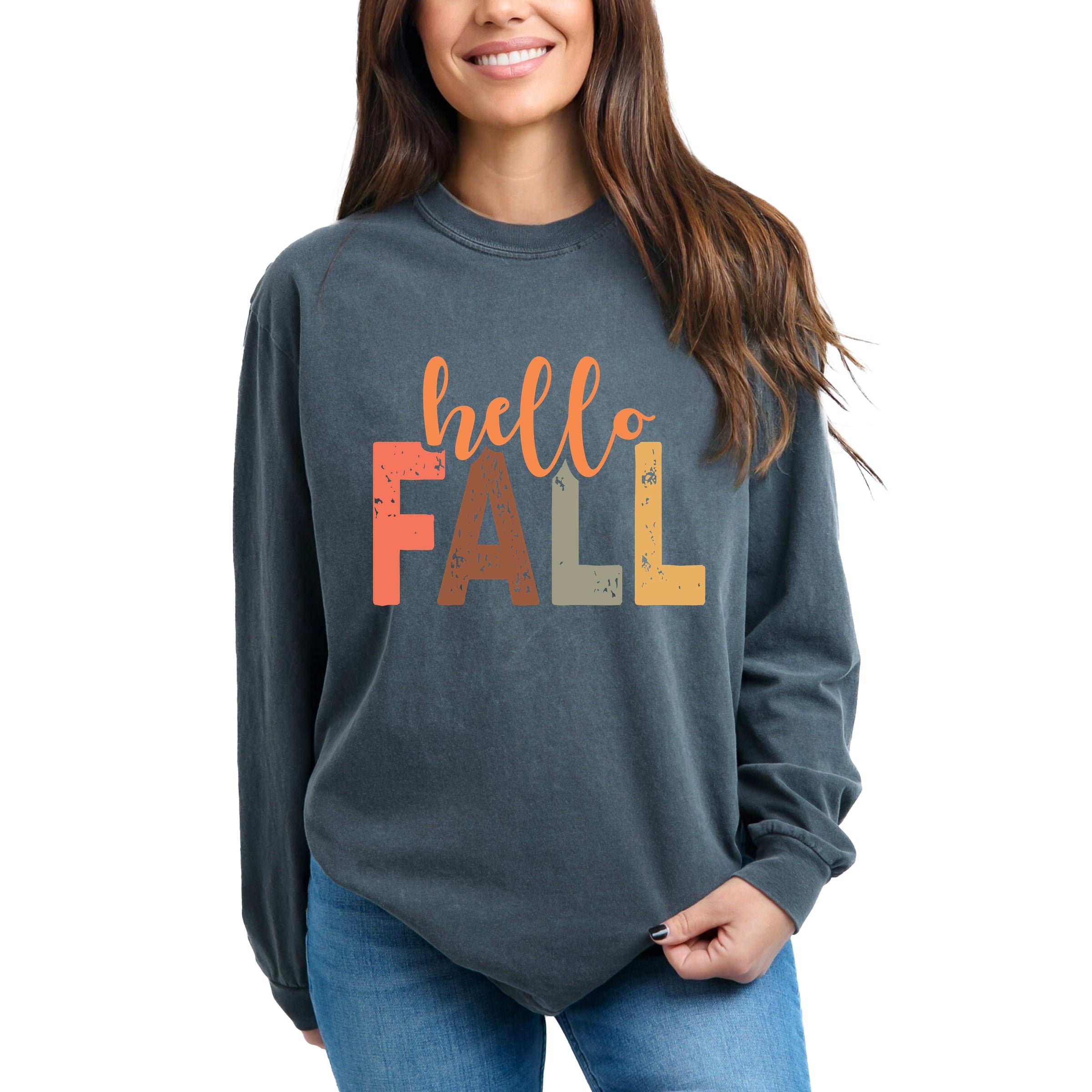 Hello Fall Cursive Block - Women's Garment Dyed Long Sleeve Graphic T-Shirt