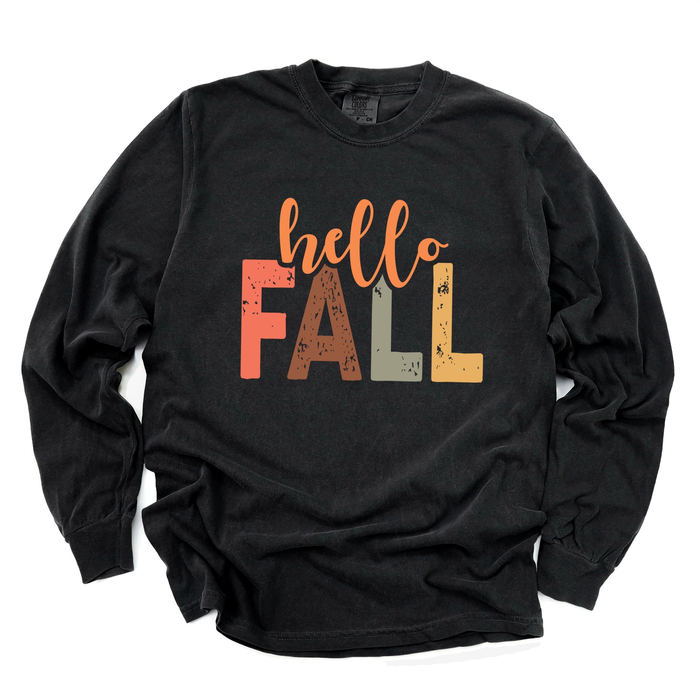 Hello Fall Cursive Block - Women's Garment Dyed Long Sleeve Graphic T-Shirt
